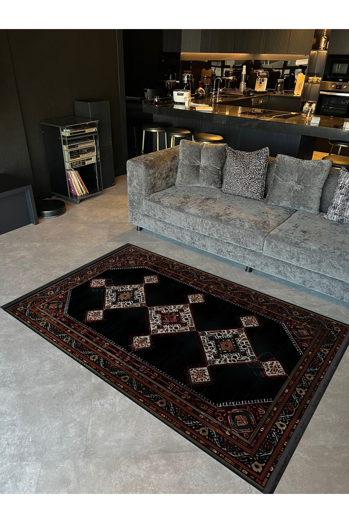 Siyah Antik Tasarım Serisi Bordo Detaylı Desenli Vintage Dekoratif Halı antik34