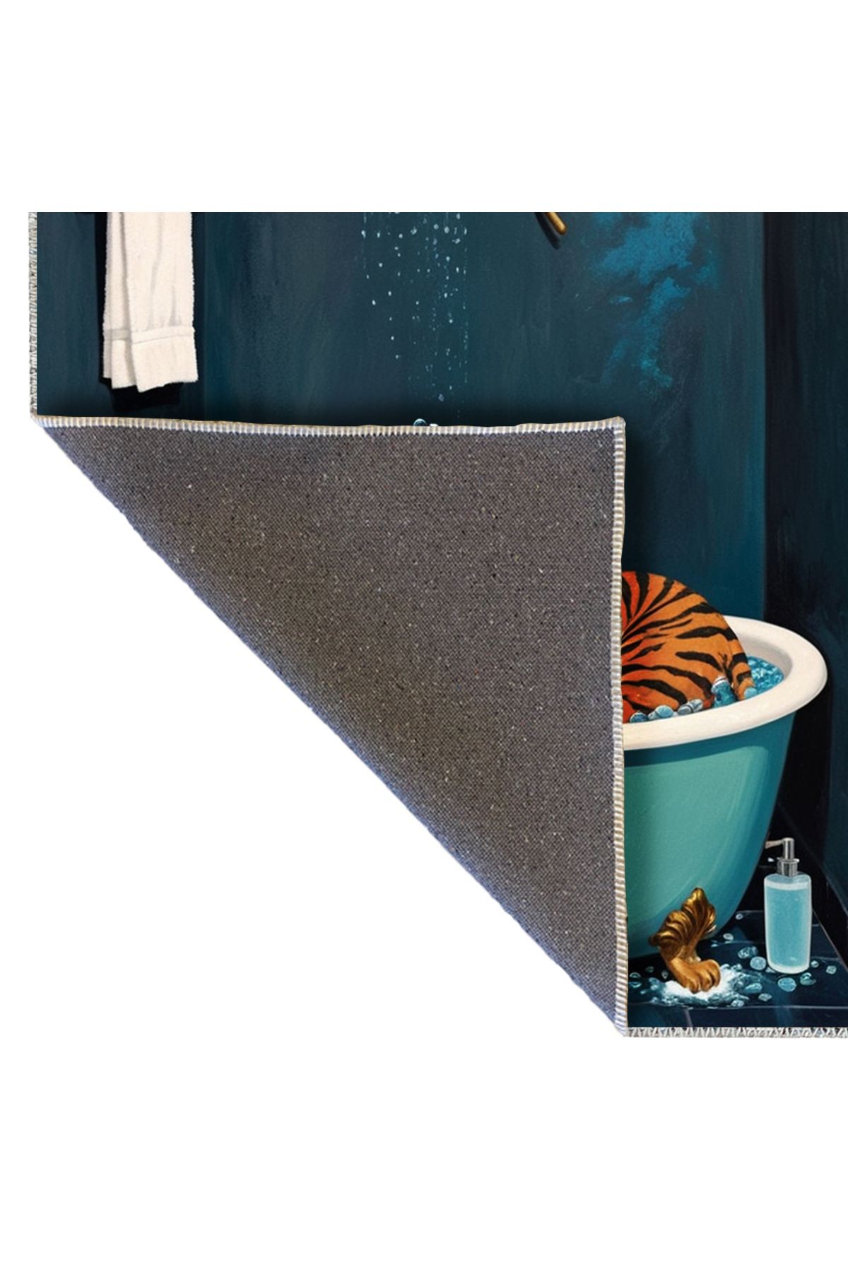 Semih Koleksiyonu Mavi Tema Küvette Banyo Yapan Kaplan Desenli Dokuma Taban Modern Dekoratif Halı 30