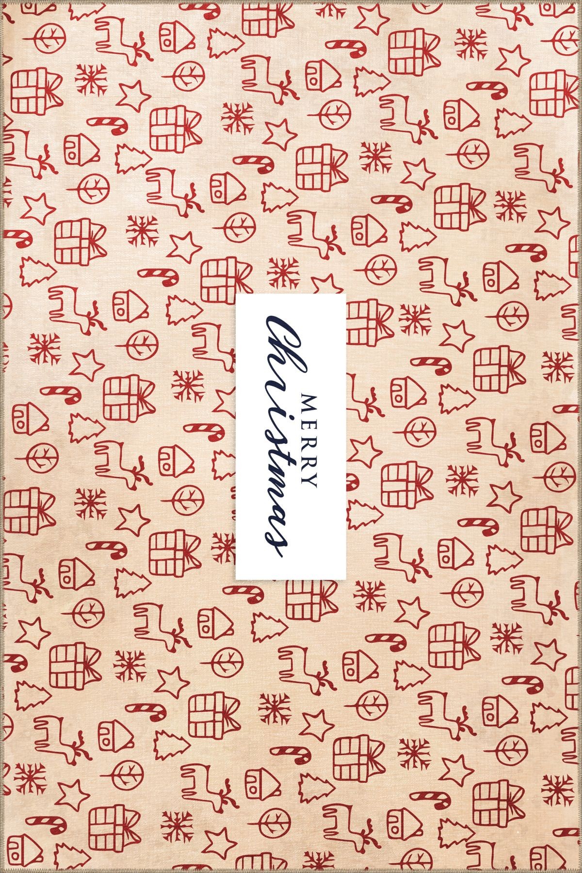Bej Yılbaşı Temalı Merry Christmas Yazılı Karma Şekil Desenli Kreatif Modern Dekoratif Halı 2227