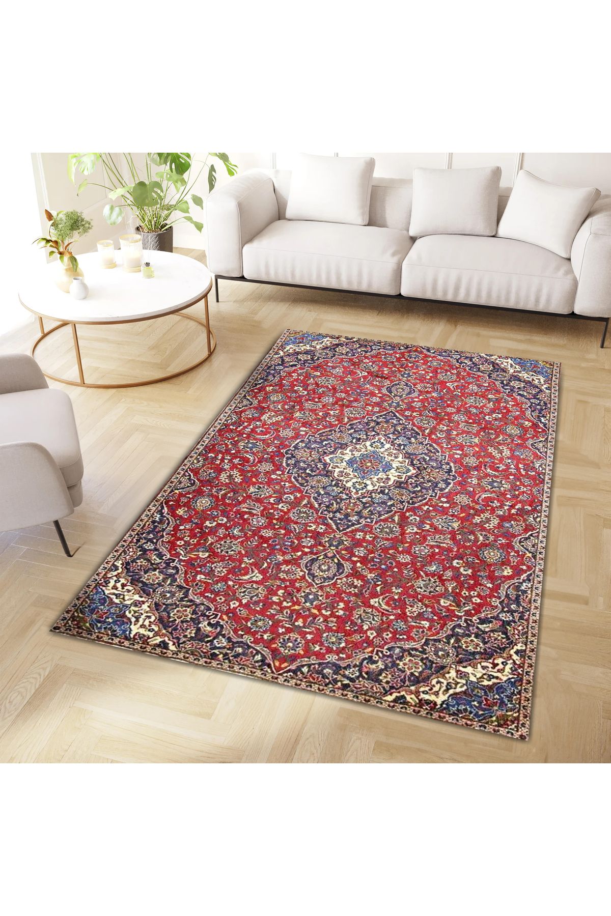 Kırmızı Lacivert Etnik Desenli Dokuma Taban Dekoratif Halı