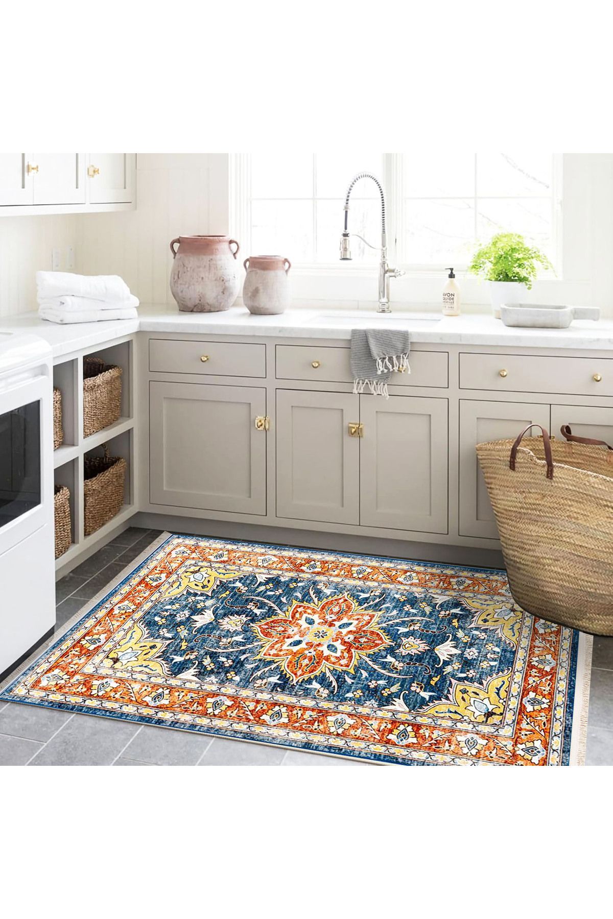 Alya Koleksiyonu Eskitme Görünümlü Mavi Turuncu Etnik Desenli Dokuma Taban Dekoratif Halı alya42