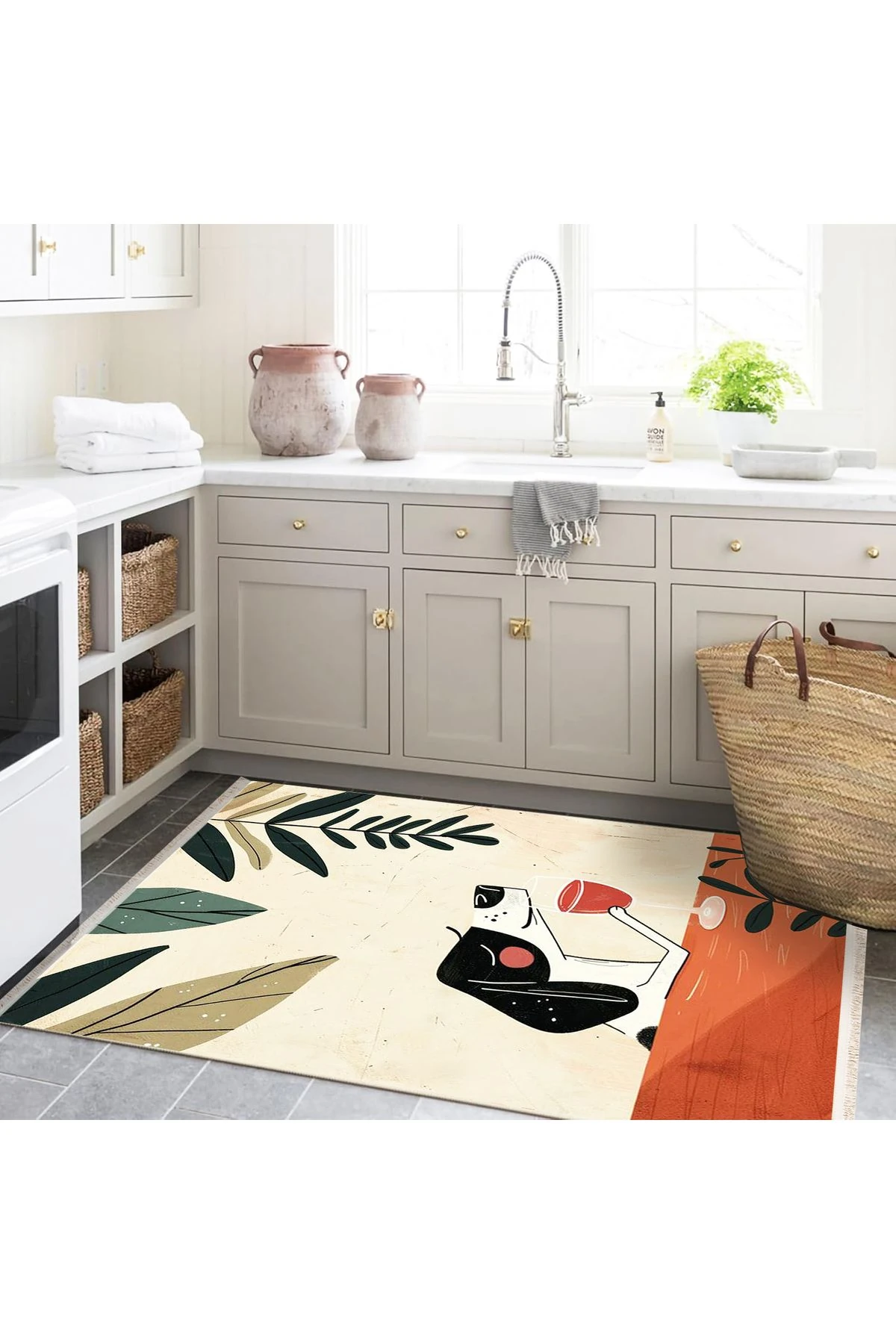 Yılmaz Koleksiyonu Pastel Tonlarda Köpek ve Bitki Desenli Kreatif Modern Dekoratif Halı 10