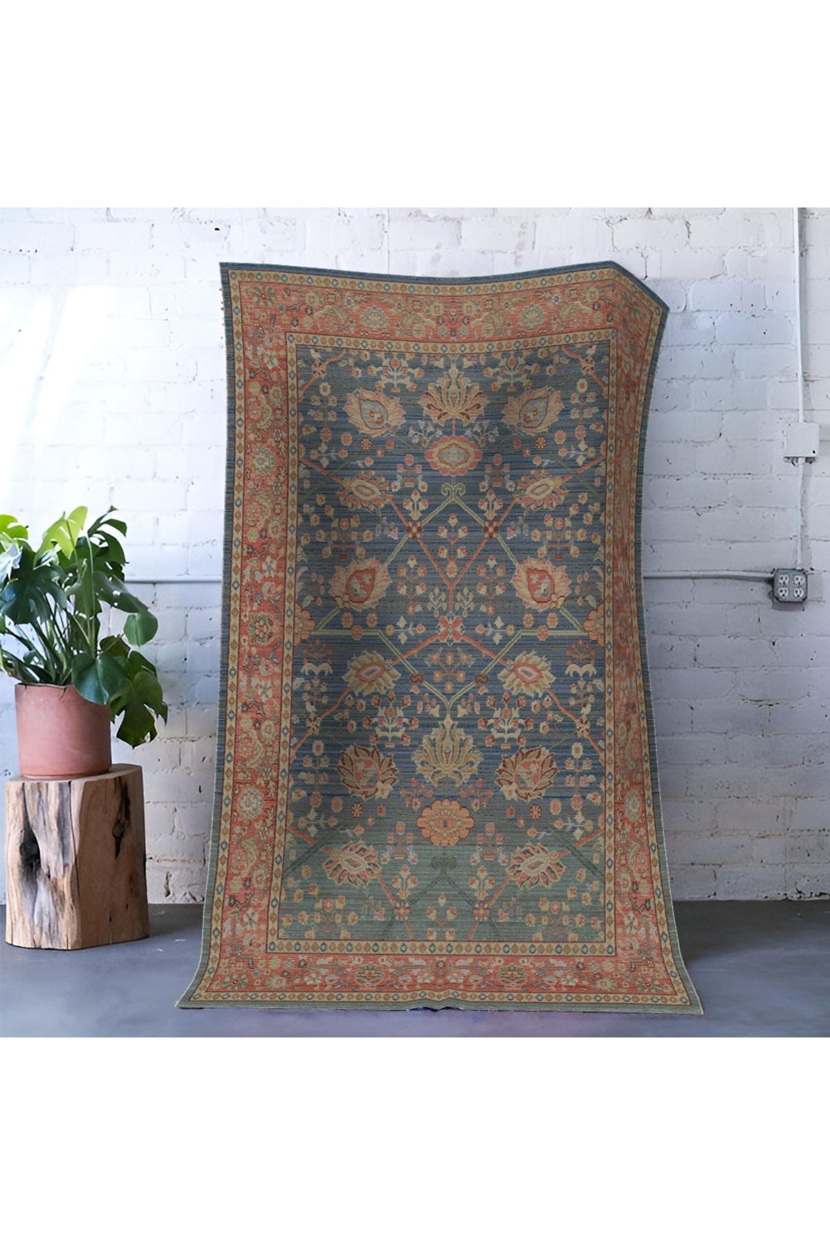 Mira Mavi Kırmızı Geleneksel Çiçek Motif Desen Dekoratif Halı Mira 1542