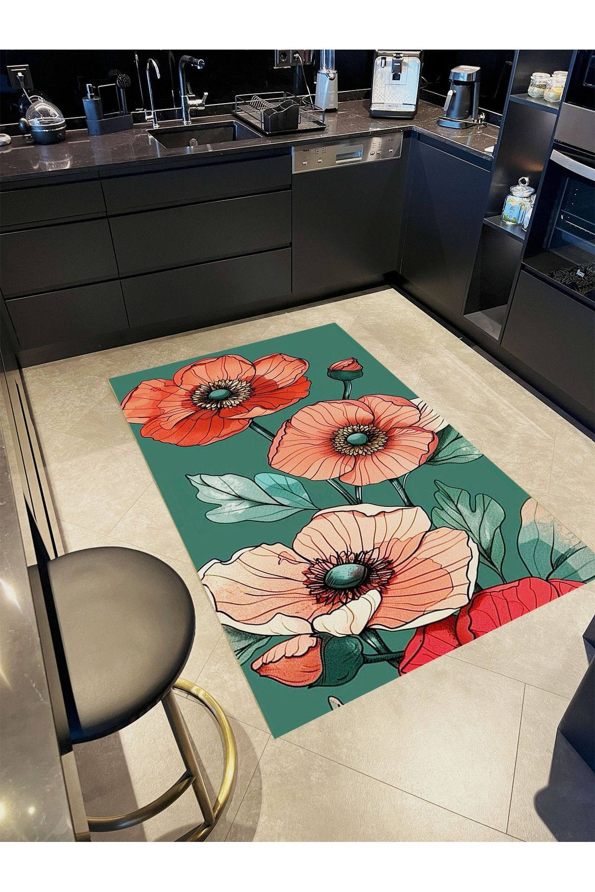 Güneş Koleksiyonu Yeşil Temalı Çiçek Detaylı Dokuma Taban Modern Dekoratif Halı güneş01