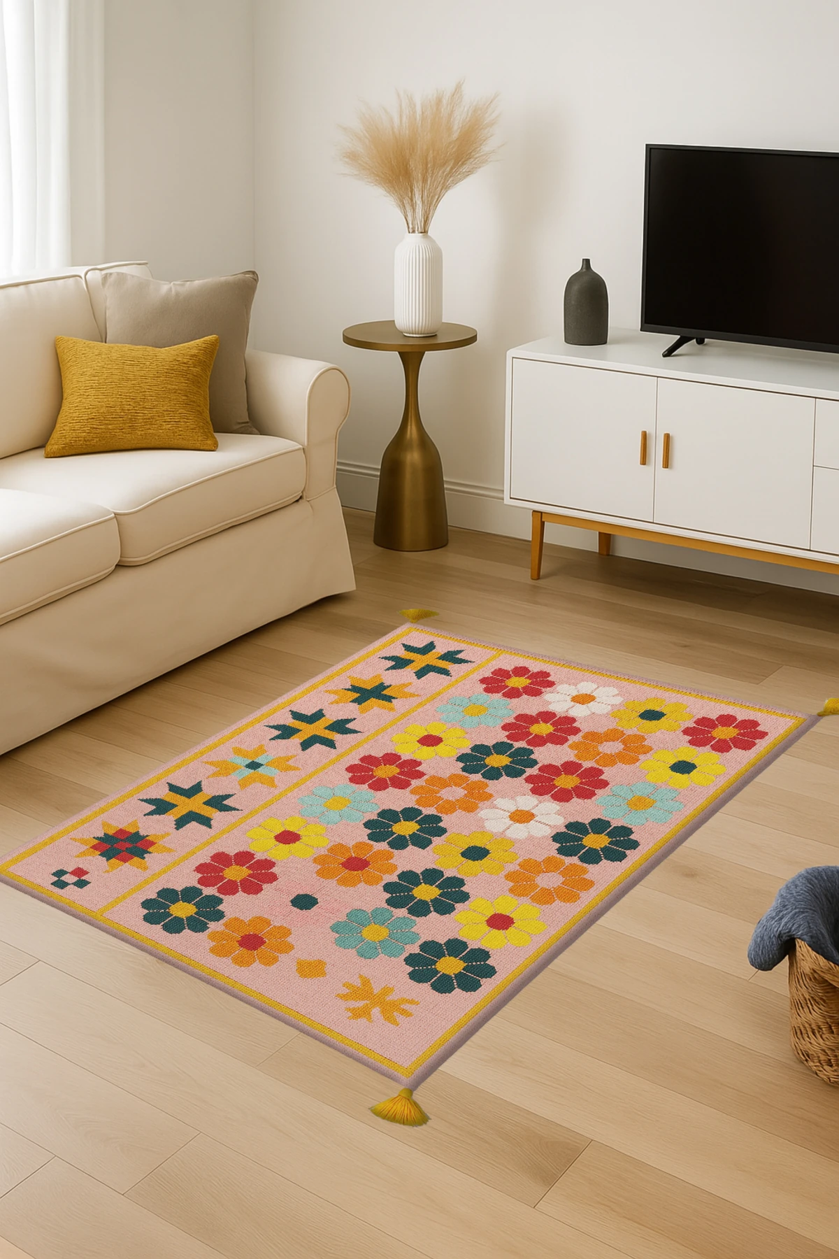 MOSSO Çiçekli Çok Renkli Desen Püsküllü Modern Dekoratif Halı mosso472