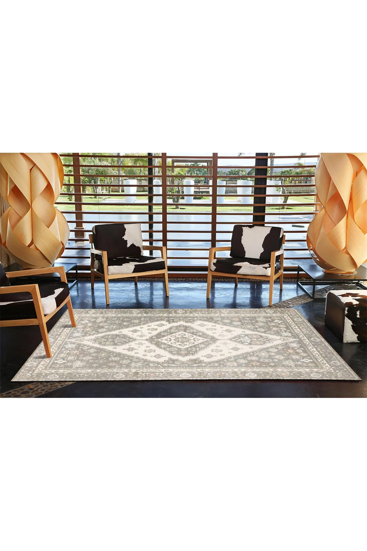 Gri Bej Temalı Geleneksel Motif Desenli Saçaklı Vintage Dekoratif Halı 4596