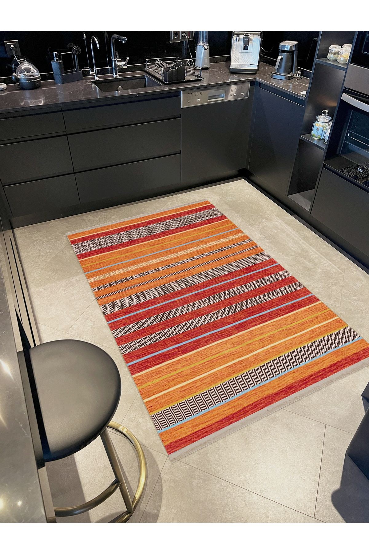 Asena Koleksiyonu Turuncu Ve Kırmızı Tonlarda Şerit Çizgili Desenli Modern Dekoratif Halı 31