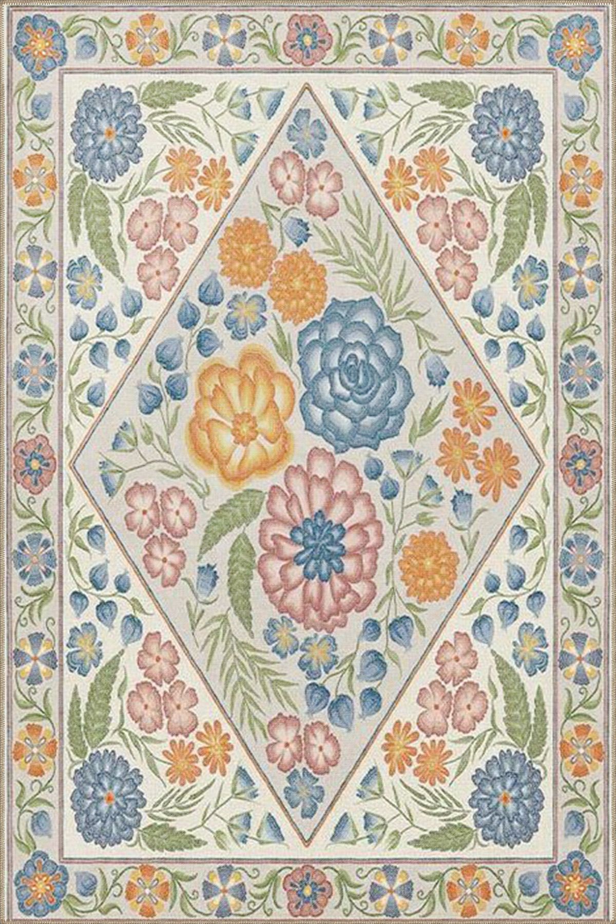 Geleneksel Yamuk Desenli Çok Renkli Yıkanabilir Dekoratif Halı miravip8059