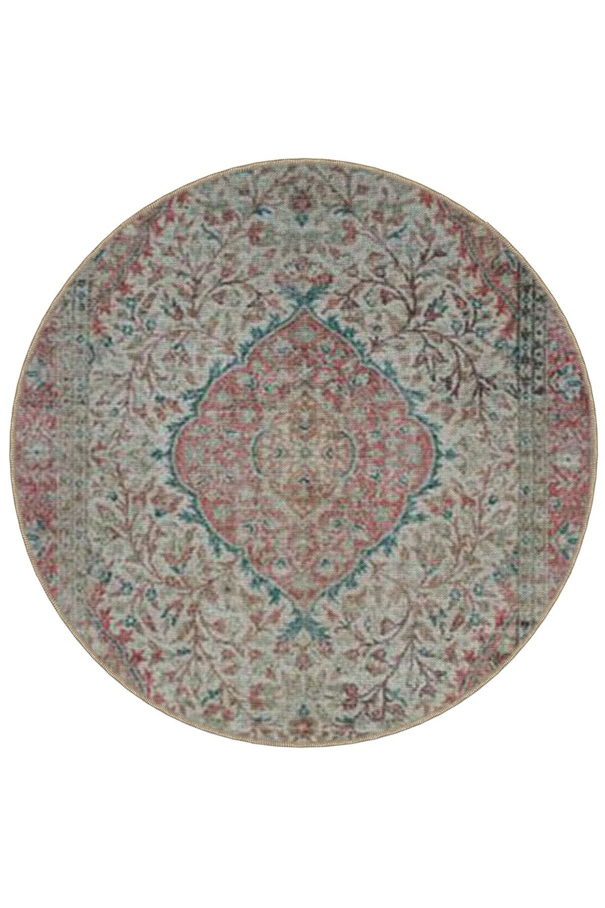 Açık Ton Geleneksel Desenli Yuvarlak Dokuma Taban Vintage Dekoratif Halı 6071