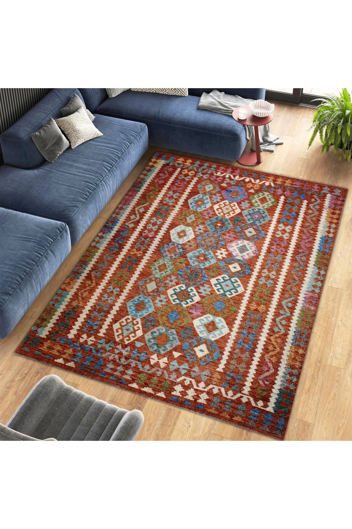 Umay Koleksiyonu Çok Renkli Etnik Desenli Dokuma Taban Modern Dekoratif Halı umay06