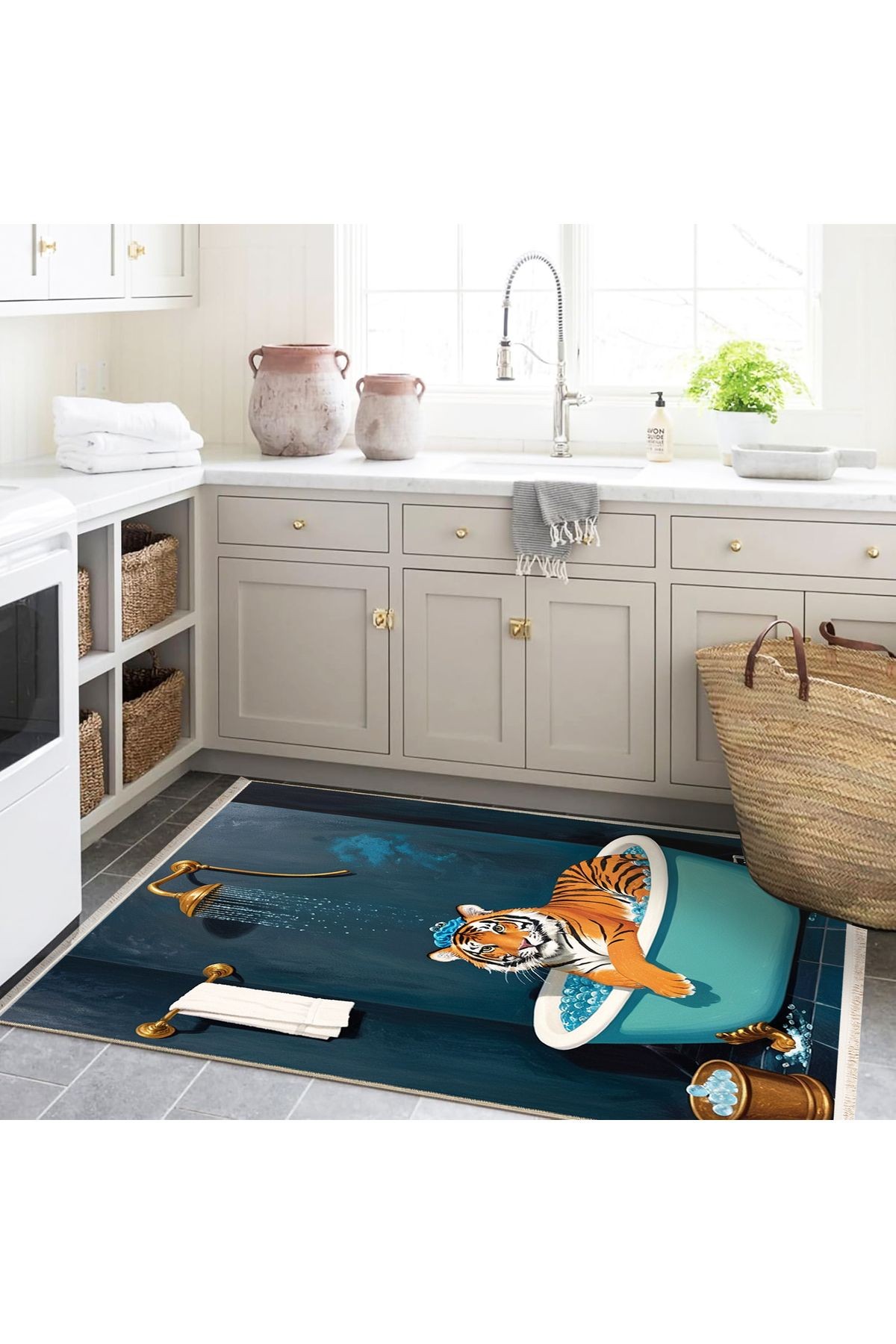 Semih Koleksiyonu Mavi Tema Küvette Banyo Yapan Kaplan Desenli Dokuma Taban Modern Dekoratif Halı 30