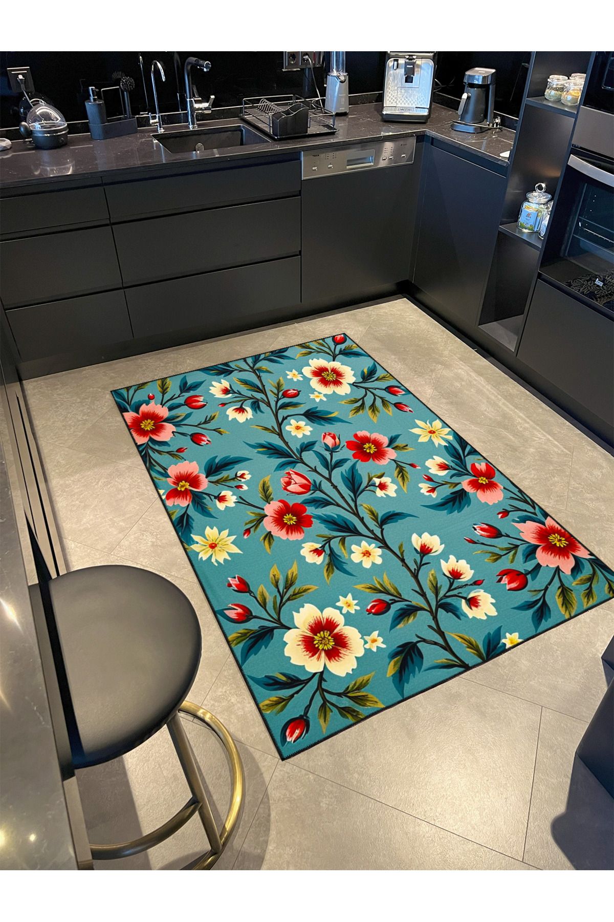 Paris Koleksiyonu Mavi Tema Kırmızı Çiçek ve Gül Desenli Kreatif Modern Dekoratif Halı 115