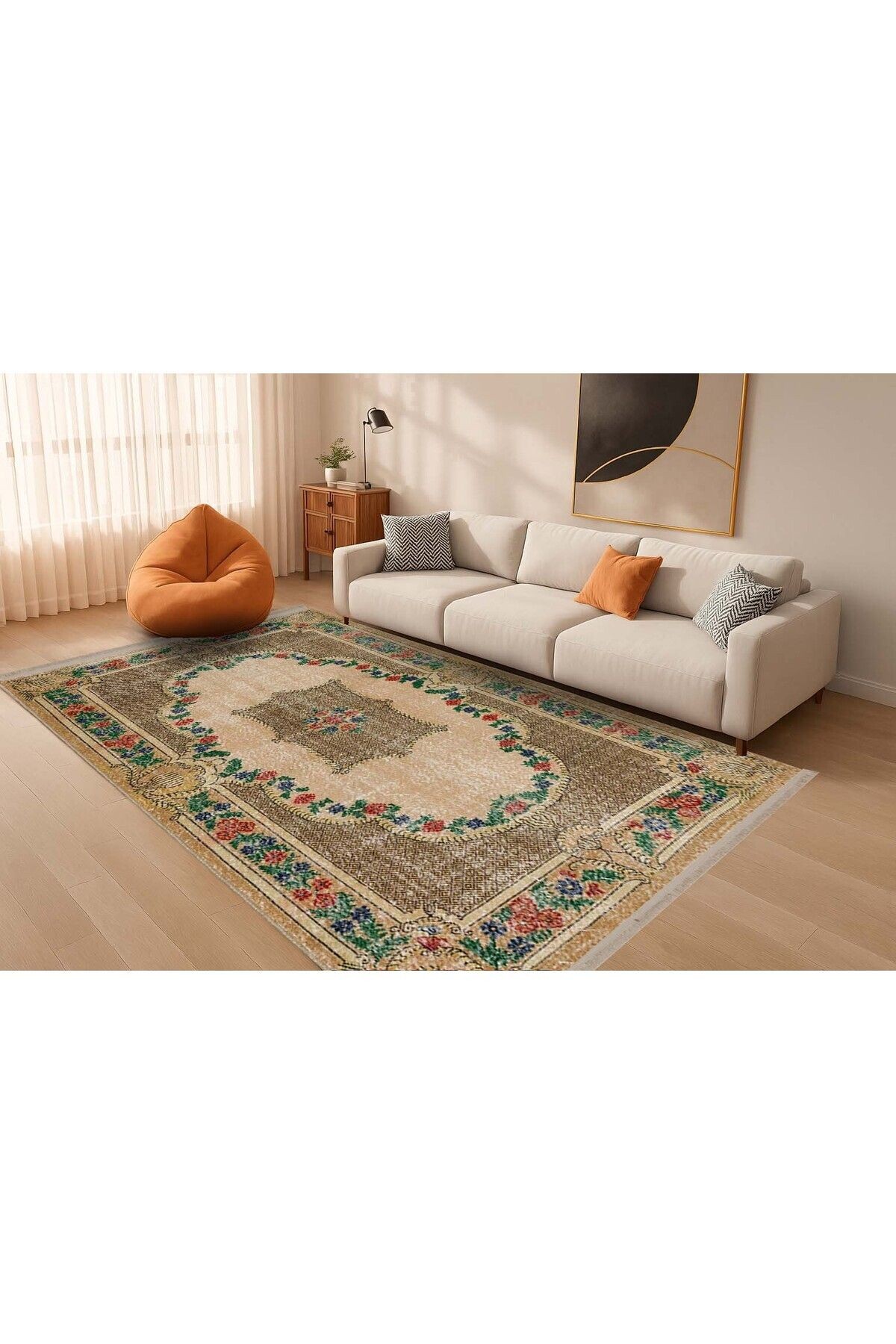 Memlük Koleksiyonu Kahve Temalı Çiçekli Etnik Vintage Desenli Dokuma Taban Dekoratif Halı memlük23