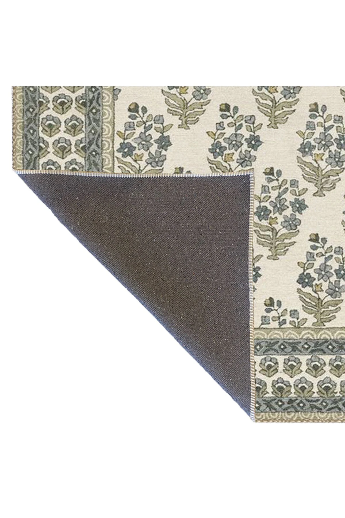 Yeşil Çerçeveli Krem Pastel Boyalı Çiçekli Dekoratif Yıkanabilir Halı miravip9001