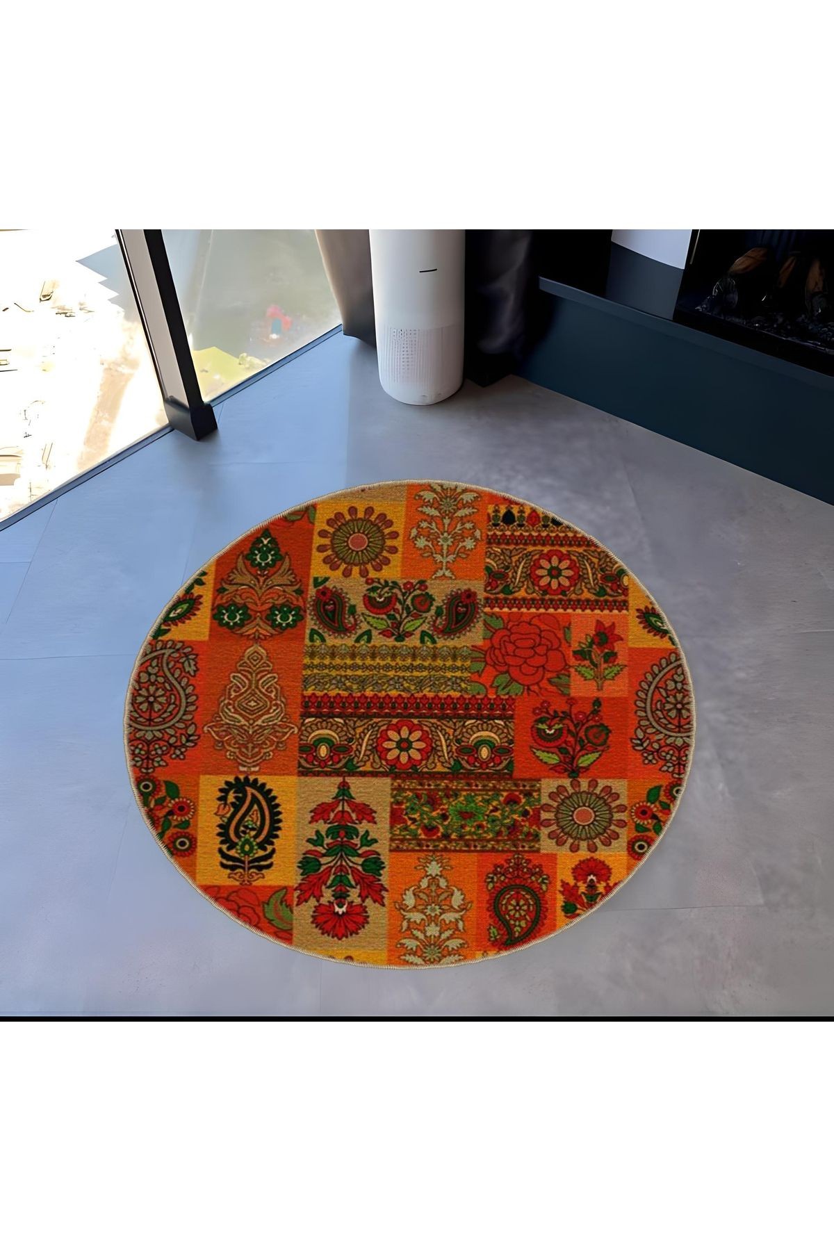 Mira Yuvarlak Turuncu Tonlarda Etnik Desenli Modern Dekoratif Halı 5538
