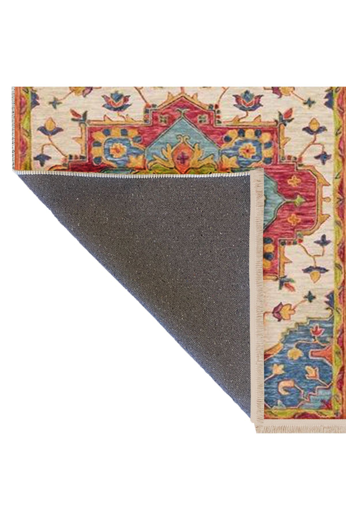 Kemal Koleksiyonu Çok Renkli Çiçek Motifleri ve Etnik Desenli Dokuma Taban Vintage Dekoratif Halı 06