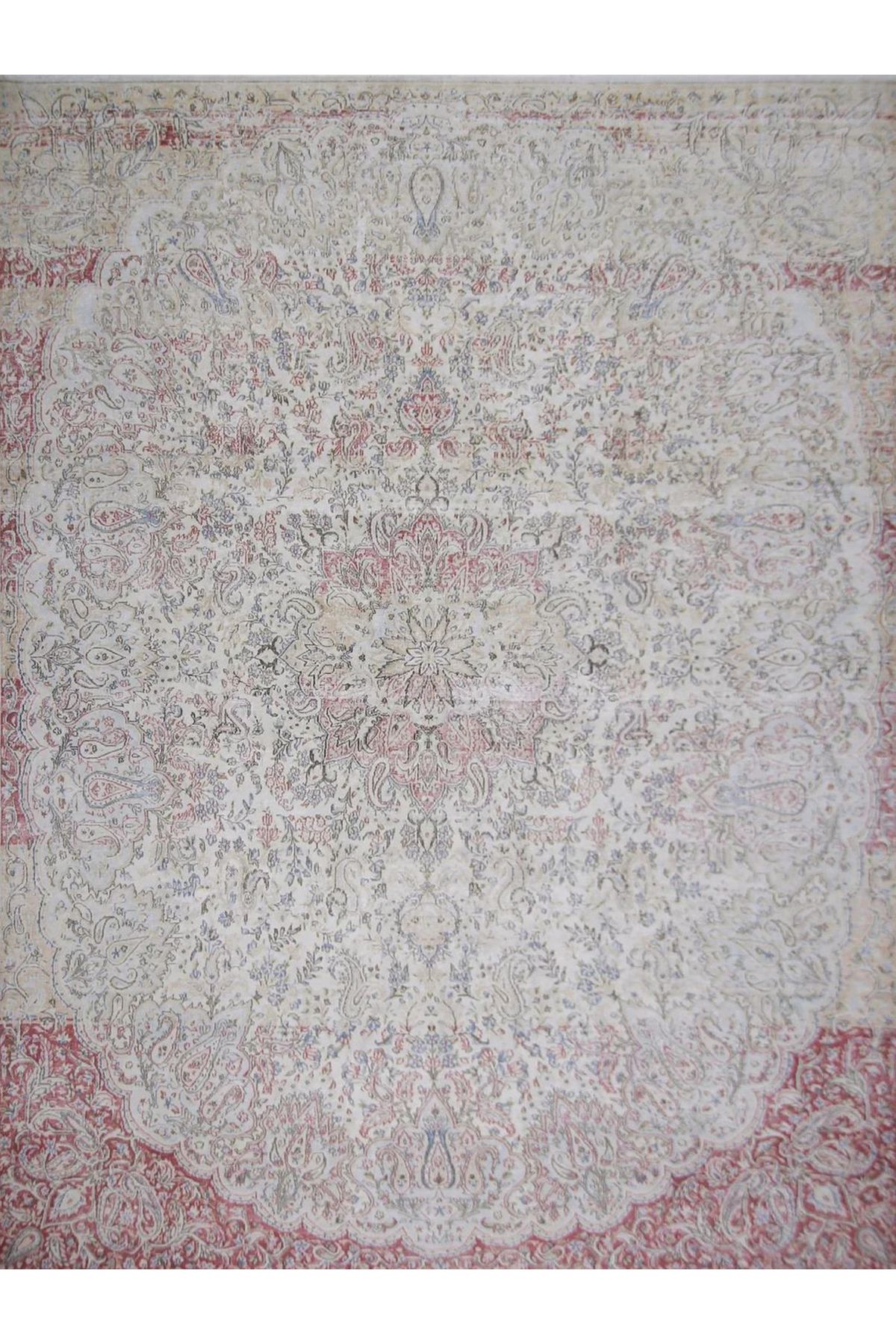 Mete Koleksiyonu Bej ve Kırmızı Temalı Geleneksel Motif ve Çiçek Desenli Vintage Dekoratif Halı 40