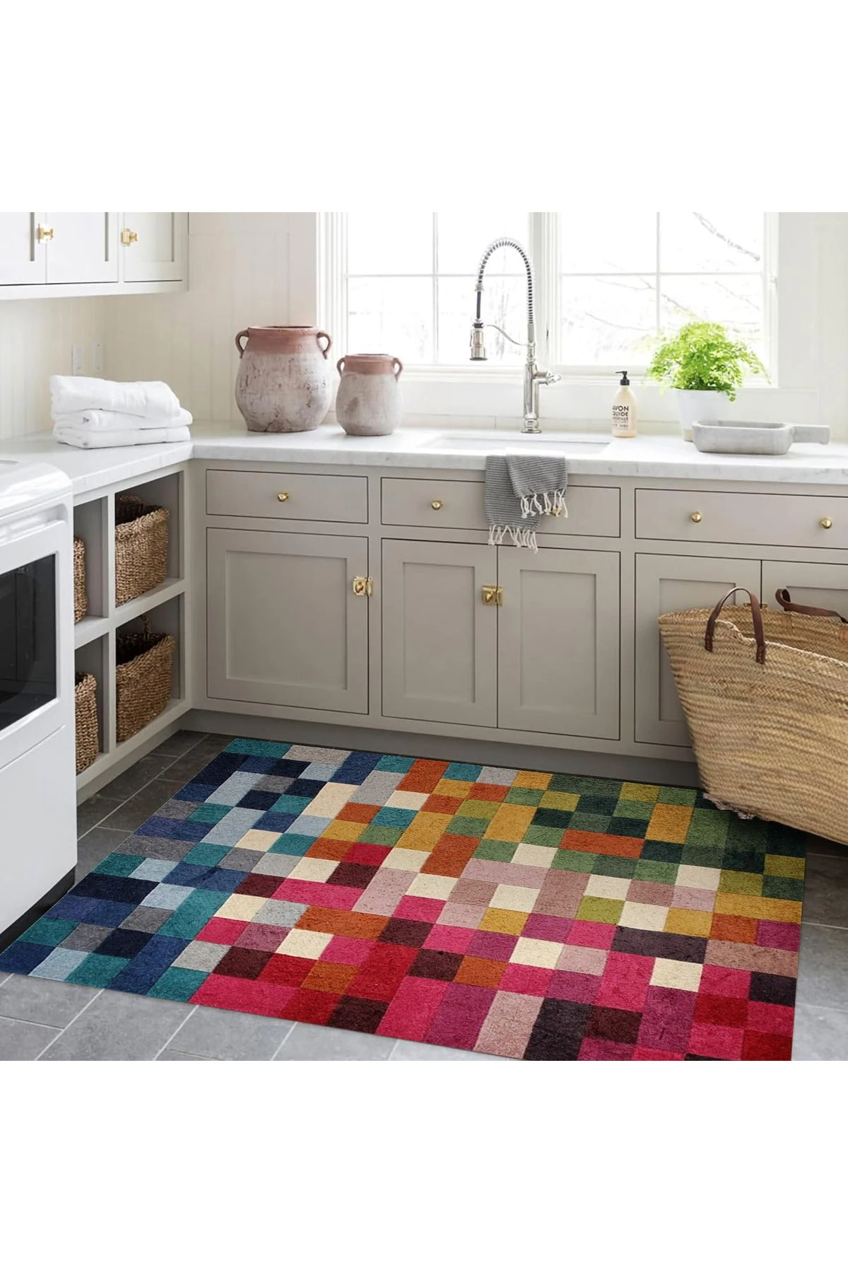 Kuzey Koleksiyonu Çok Renkli Kareli Desenli Dokuma Taban Dekoratif Halı kuzey36