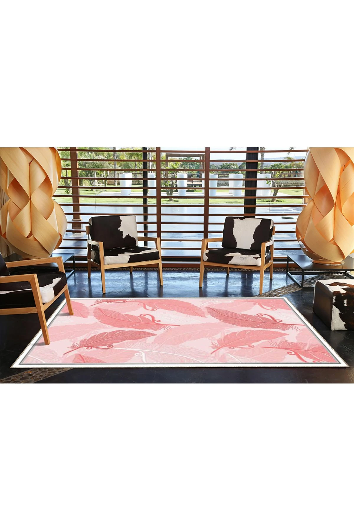 Pembe Renkli Yaprak Desenli Dokuma Taban Halı 3799