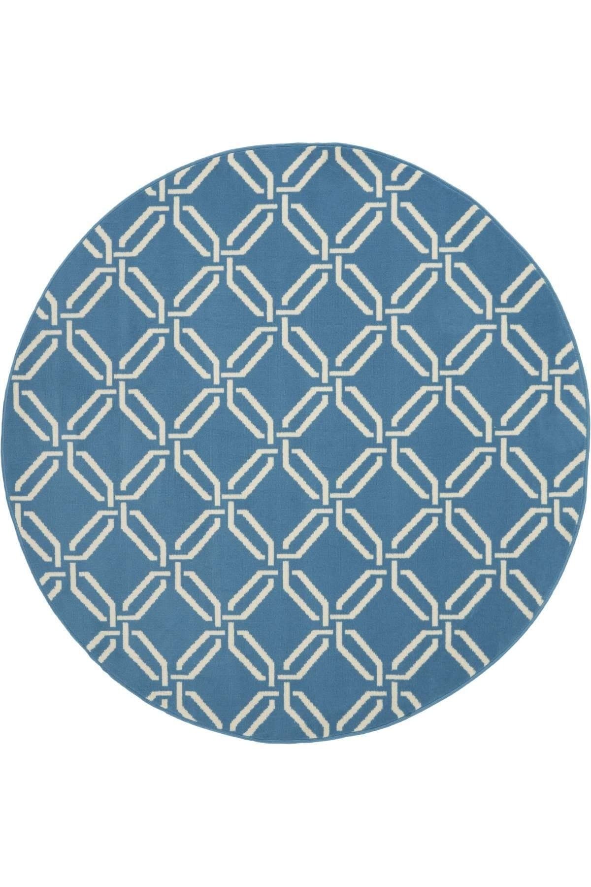 Mavi Beyaz Geometrik Modern Dokuma Taban Yuvarlak Halı Mira 1389