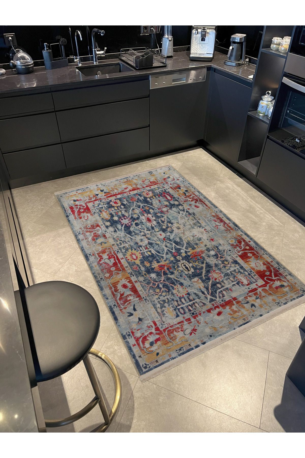 Kırmızı Mavi Temalı Soyut Geleneksel Motif Etnik Çiçek Desenli Vintage Dekoratif Halı 2388