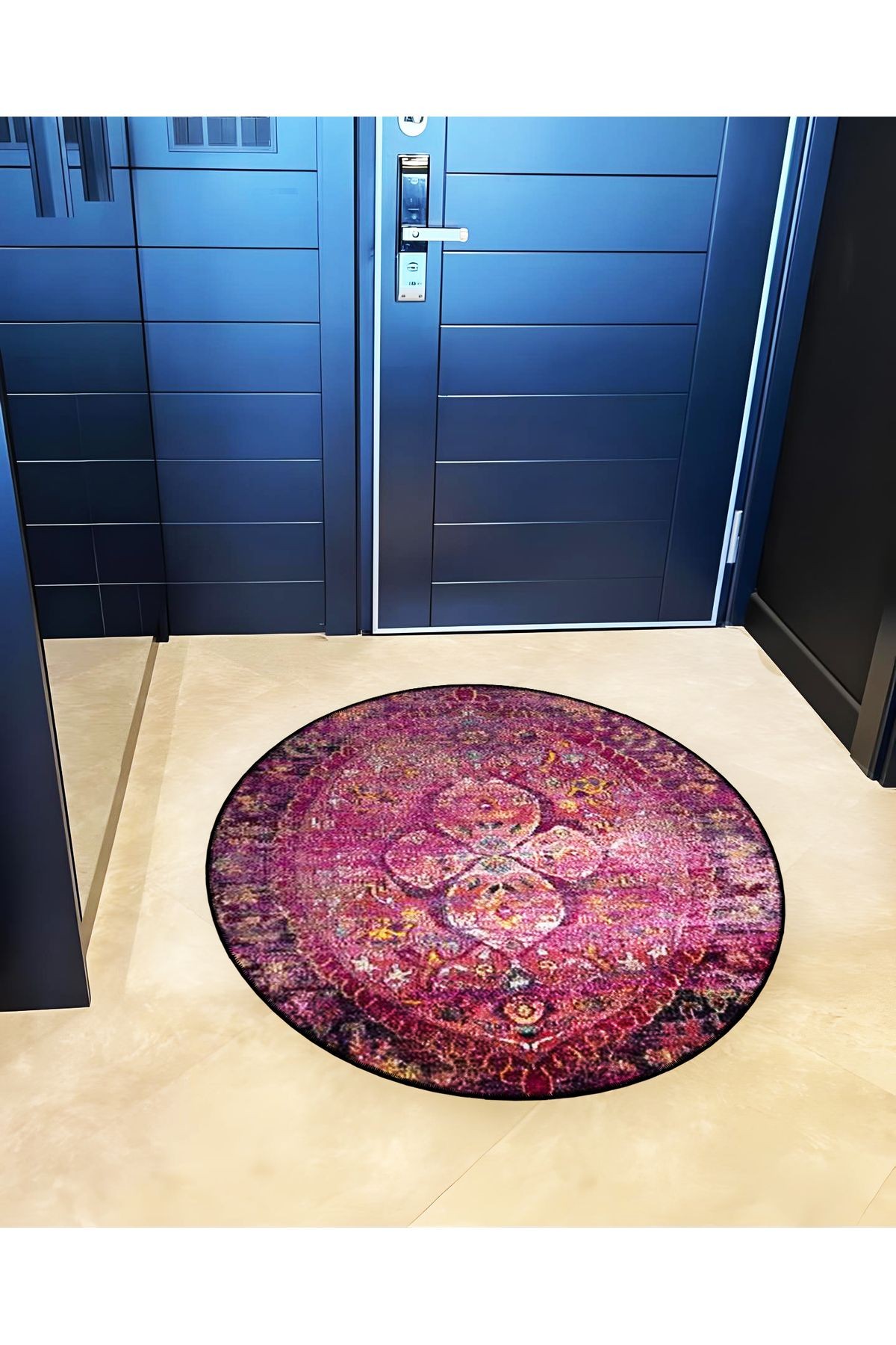 Mor Tonlar Geleneksel Motif Desenli Yuvarlak Dokuma Taban Vintage Dekoratif Halı 6173