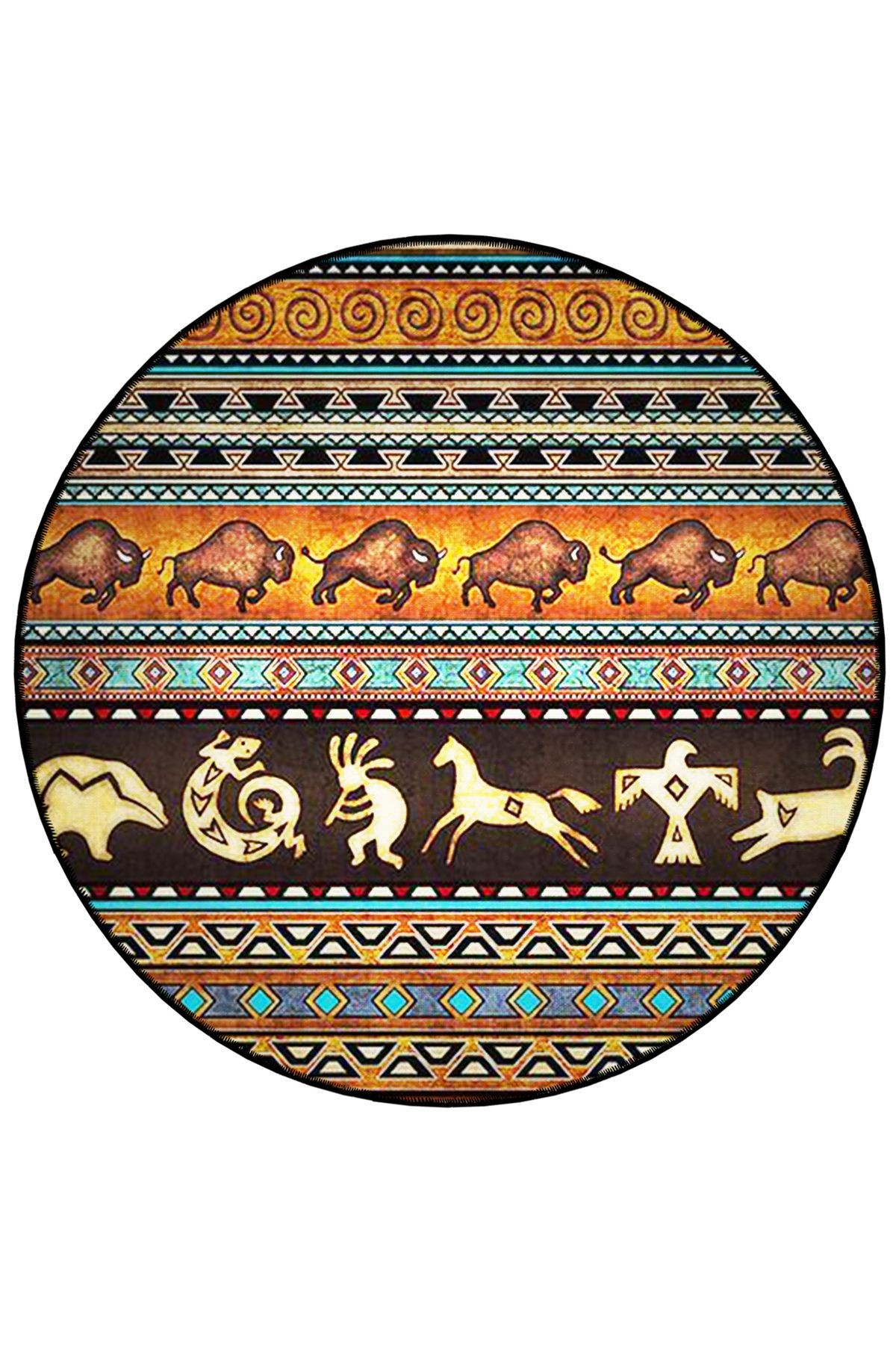 Mira Yuvarlak Turuncu Soyut Tribal Etnik Tarzı Desen Dokuma Taban Modern Dekoratif Halı 5790