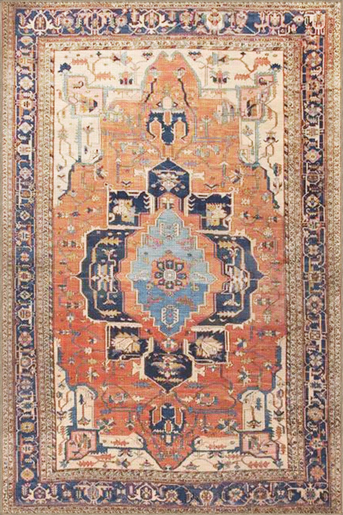 Turuncu Lacivert Temalı Geleneksel Motif Desenli Vintage Dekoratif Halı 3831