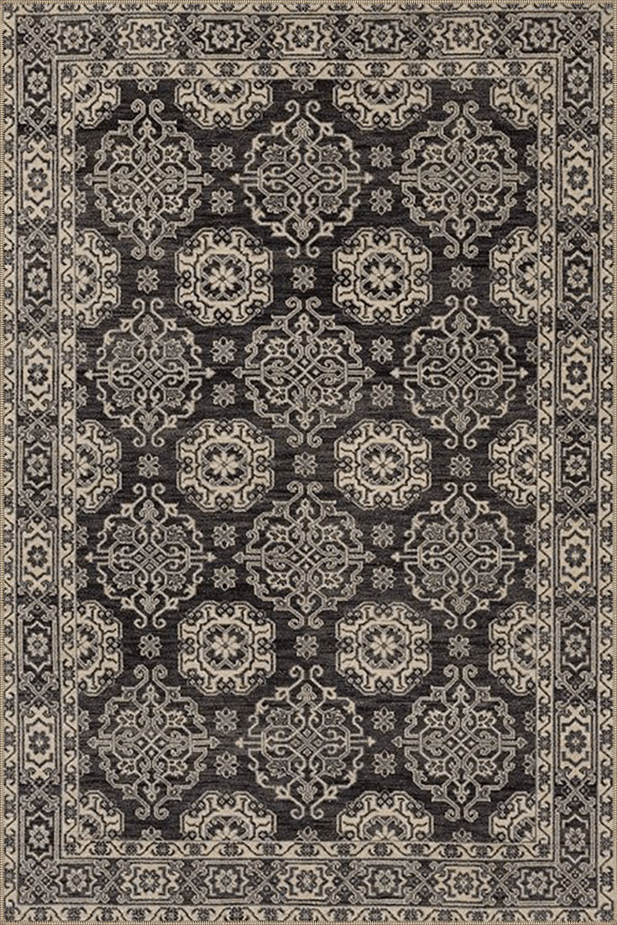 Gri Temalı Geleneksel Motif Etnik Çiçek Desenli Vintage Dekoratif Halı 4627