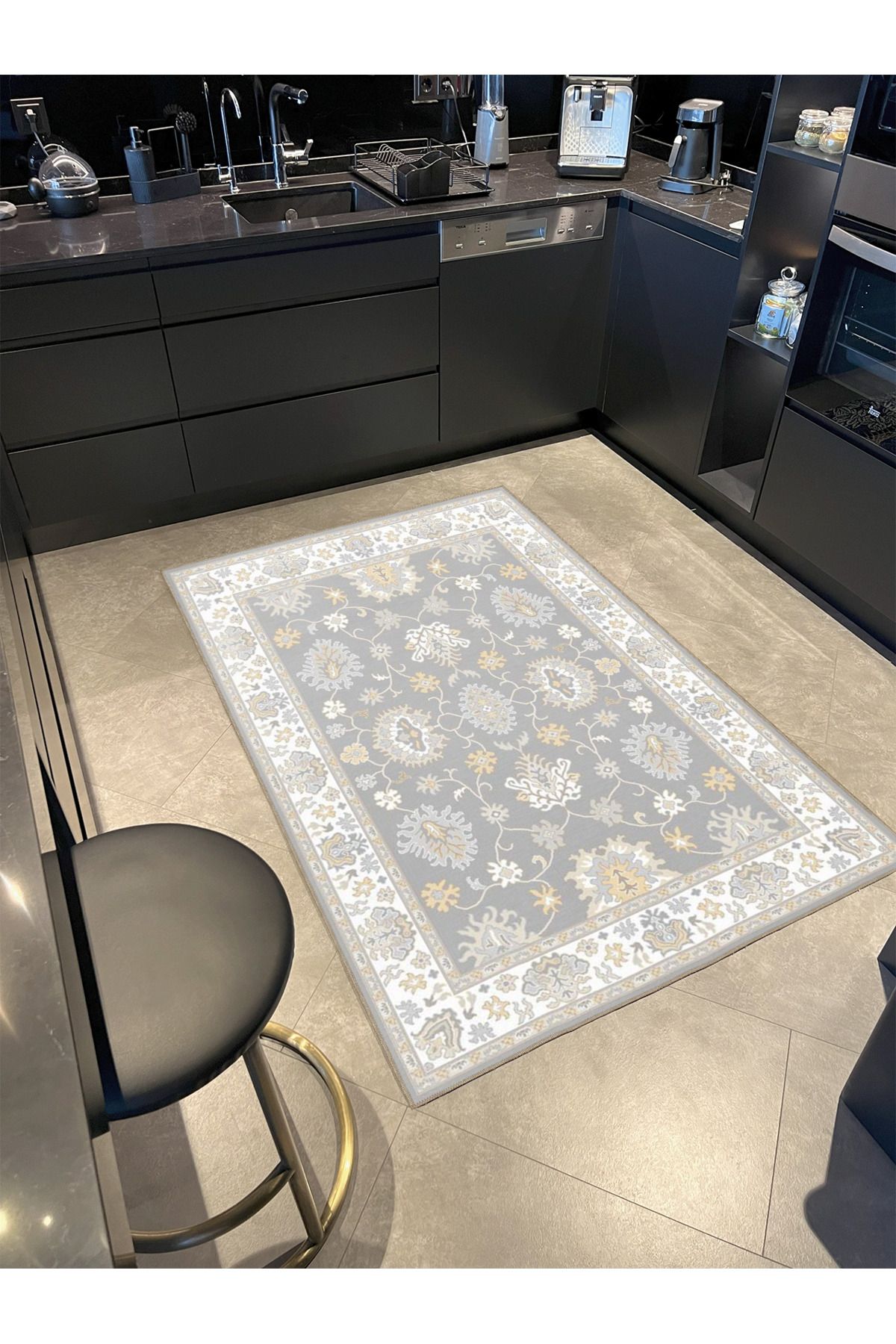 Gri Temalı Geleneksel Motif Etnik Çiçek Desenli Vintage Dekoratif Halı 4609