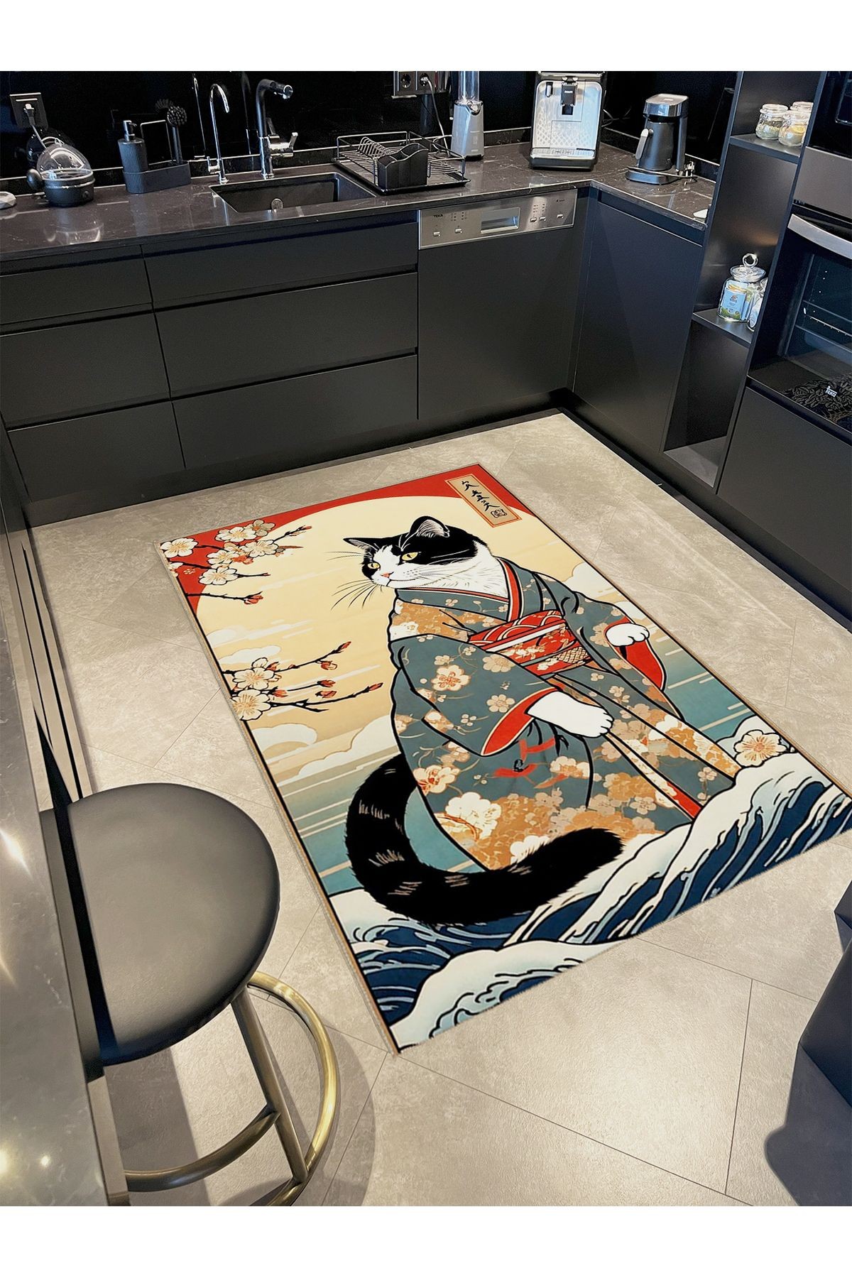 Tuğrul Koleksiyonu Soyut Temalı Kimono Giyen Kedi Desenli Dokuma Taban Modern Dekoratif Halı 38