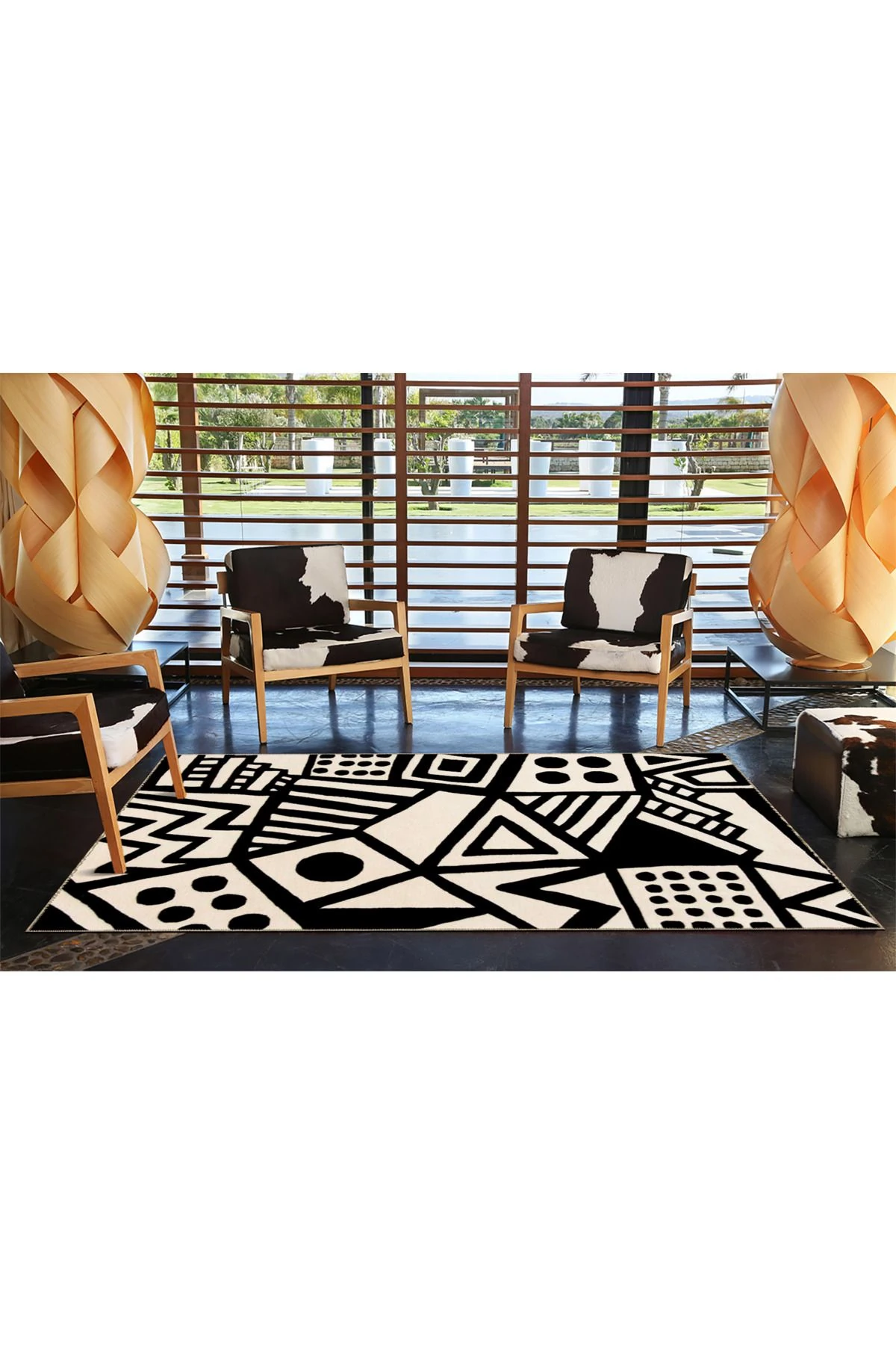 Siyah ve Beyaz Üçgenli Geometrik Modern Desenli Dokuma Taban miravip849