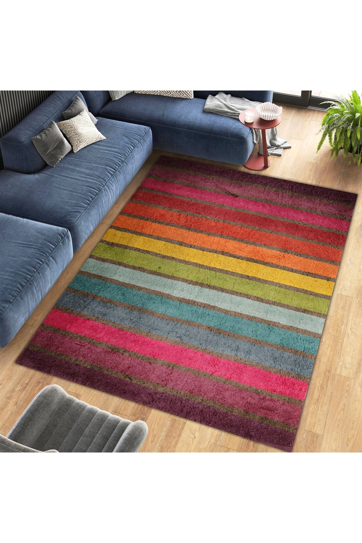 Kuzey Koleksiyonu Çok Renkli Kalın Çizgiler Desenli Dokuma Taban Dekoratif Halı kuzey34