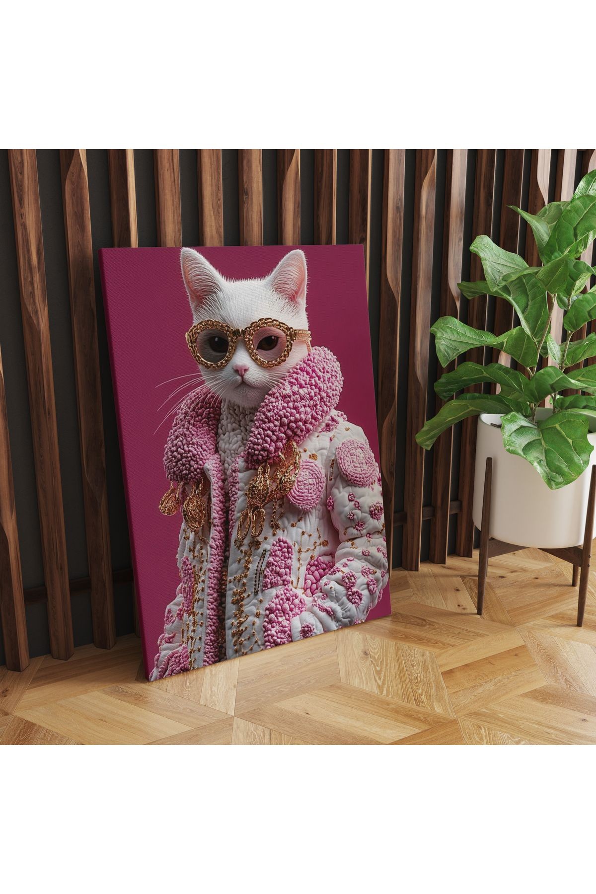 Kanvas Tablo Pembe Temalı Beyaz Süslü Kedi Desenli tablo5005