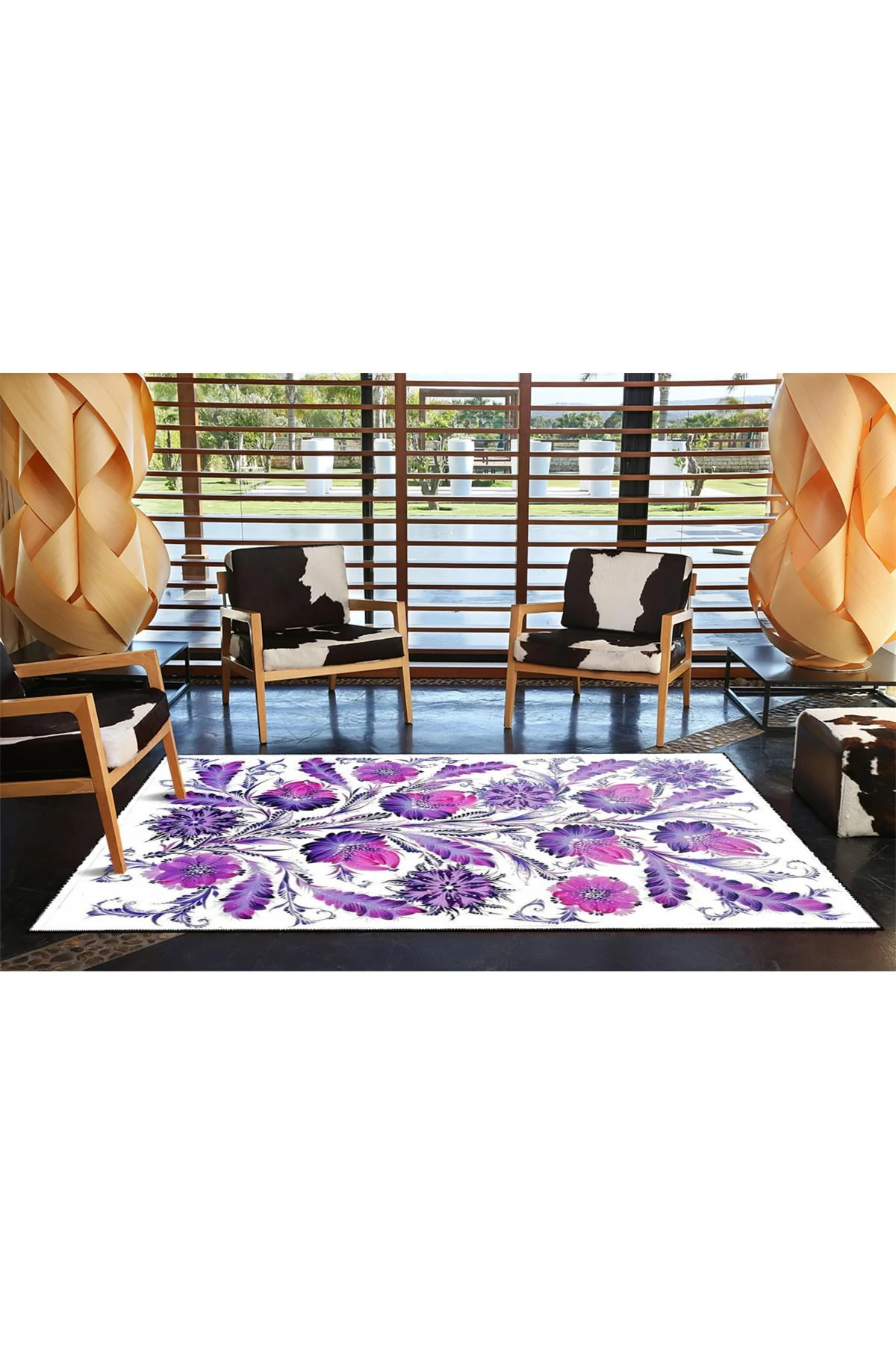 Mavi Mor Renkli Çiçekli Floral Modern Dekoratif Halı miravip164