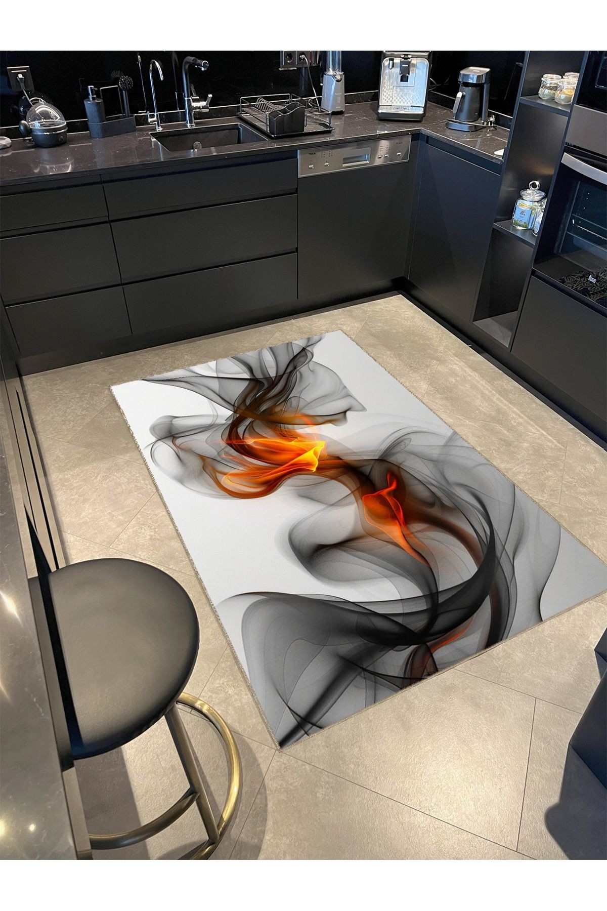 Gri Temalı Soyut Duman ve Alev Desenli Kreatif Modern Dekoratif Halı 4964