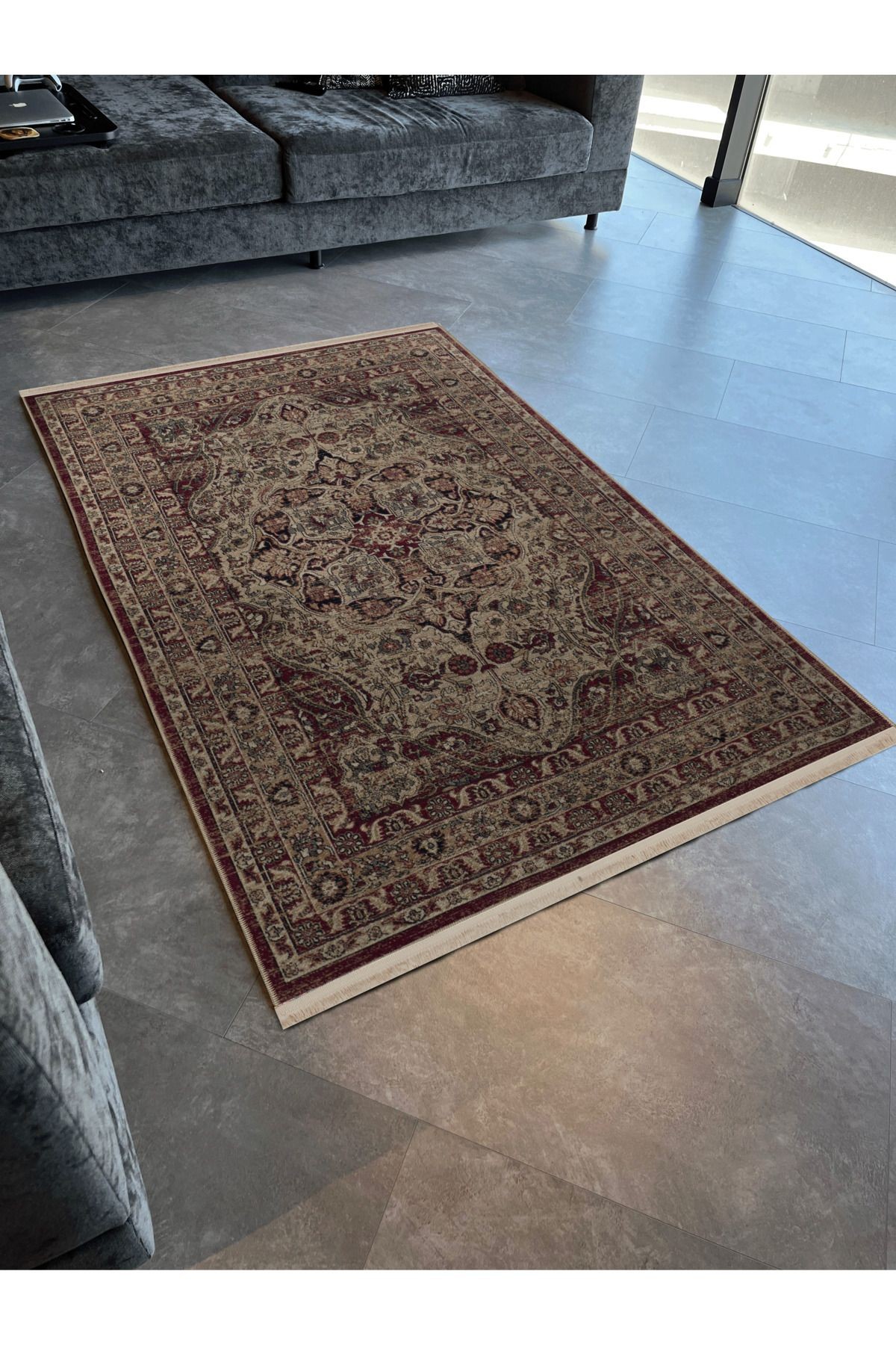 Bordo Bej Temalı Geleneksel Motif Etnik Desenli Kreatif Vintage Dekoratif Halı 3027