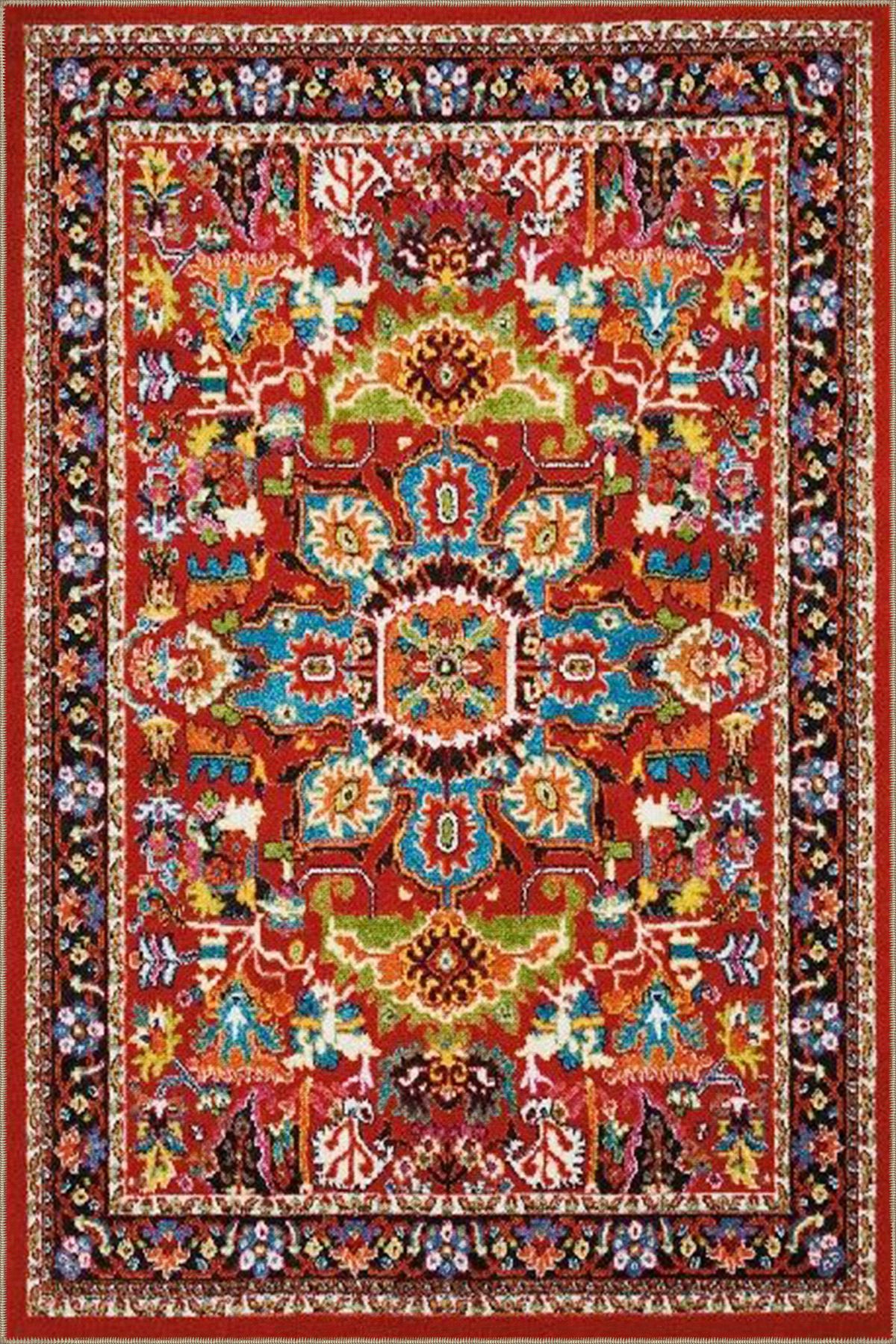 Kırmızı Temalı Çok Renkli Karma Geleneksel Motif Etnik Desenli Vintage Dekoratif Halı 4619