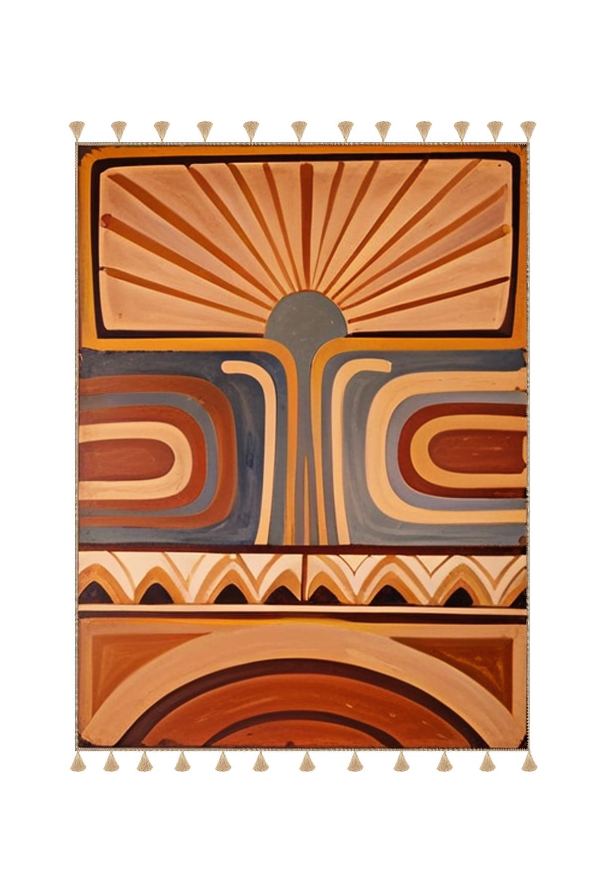 Royal Renkli Karma Soyut Şekiller Desenli Püskül Detaylı Dokuma Taban Modern Dekoratif Halı royal19