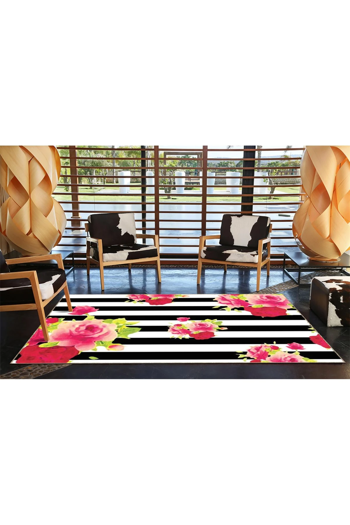 Siyah Beyaz Çiçekli Renkli Desenli Dokuma Taban Halı miravip1095