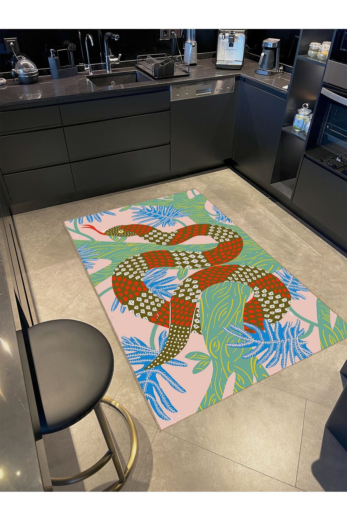 Kubilay Koleksiyonu Çok Renkli Ağaçtaki Yılan Desenli Dokuma Taban Modern Dekoratif Halı 46