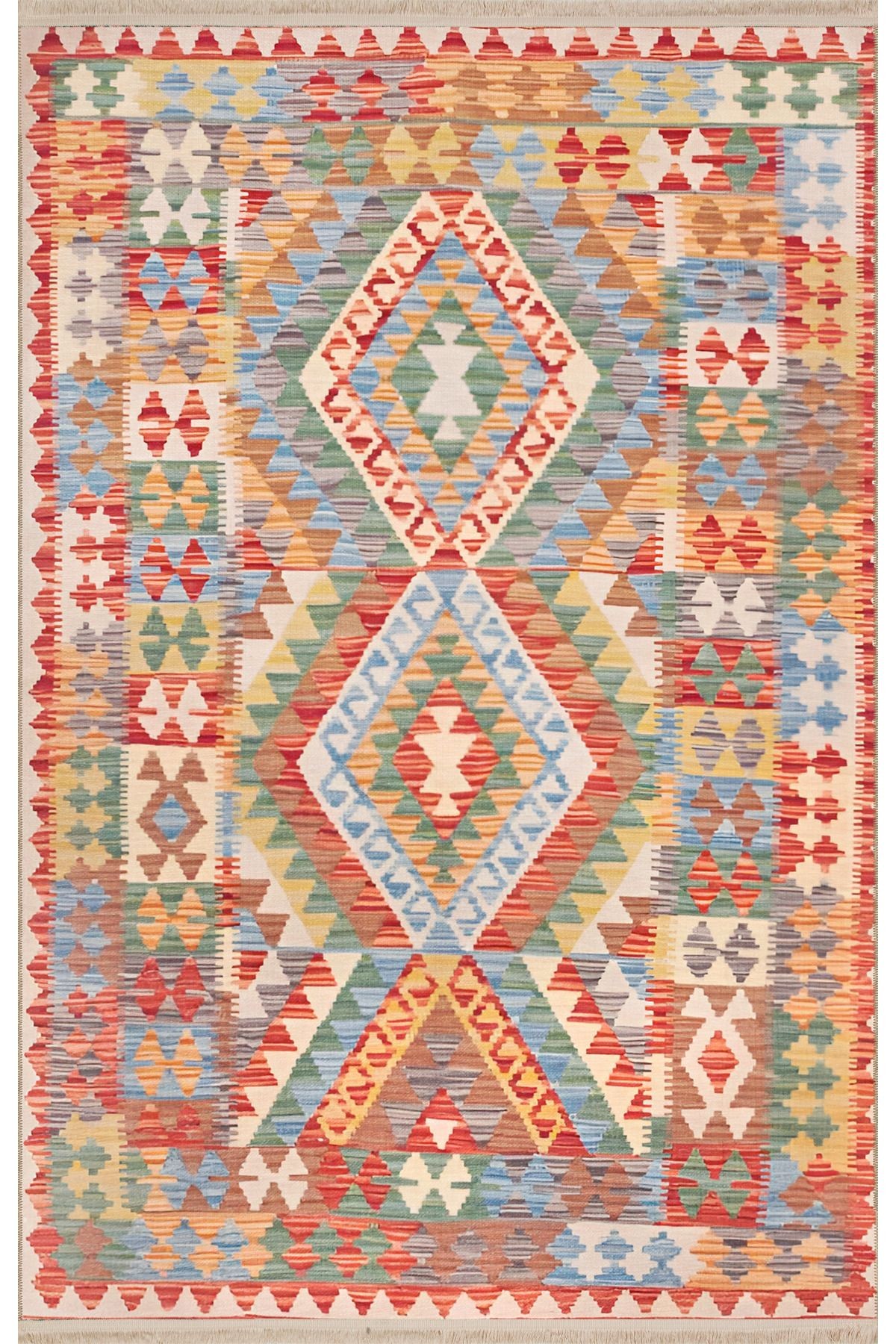 Açık Ton Çok Renkli Zik Zak Geleneksel Motif Desenli Vintage Dekoratif Halı 1944