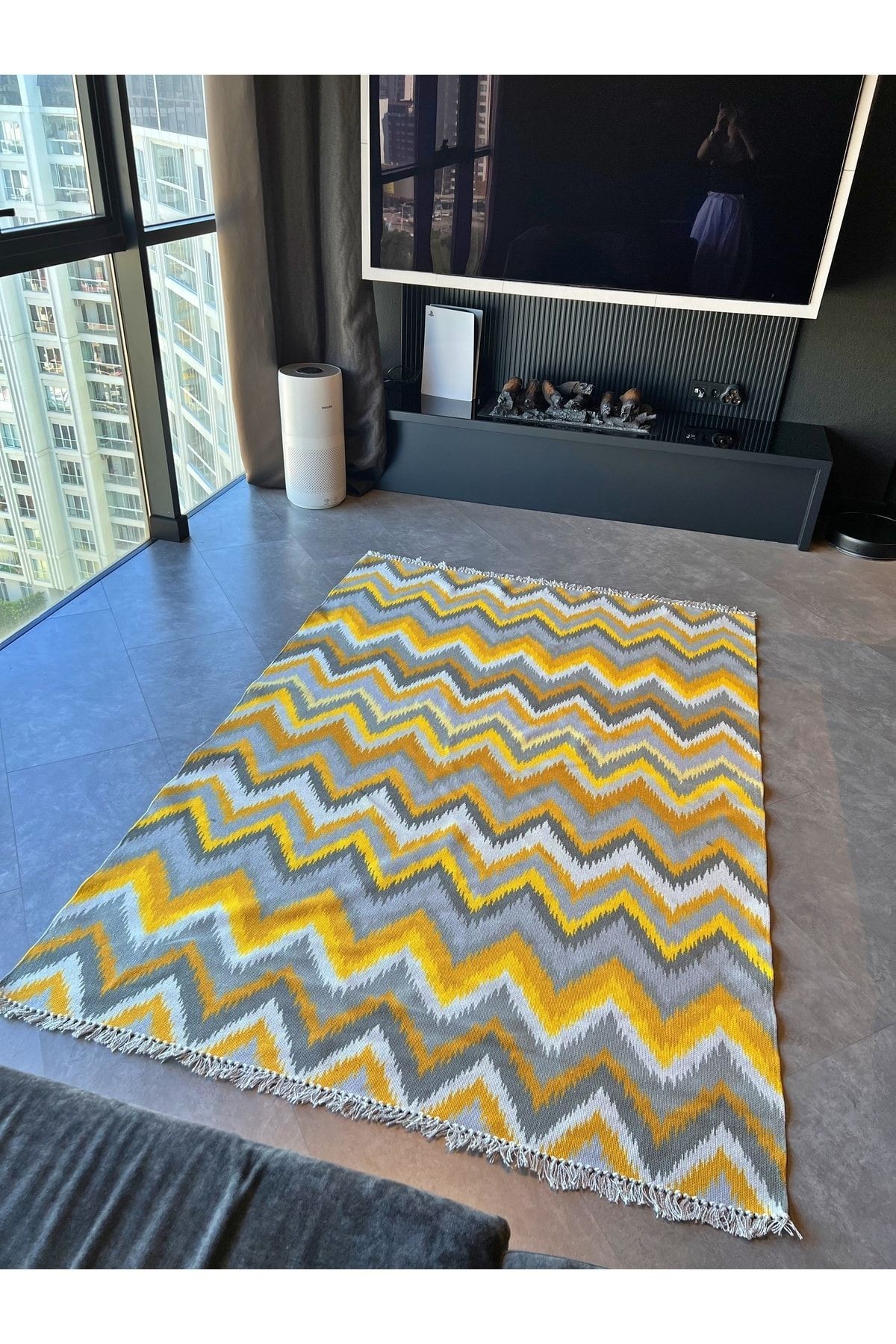 Cotton 543 Sarı Ve Gri Zigzag Desenli Kilim