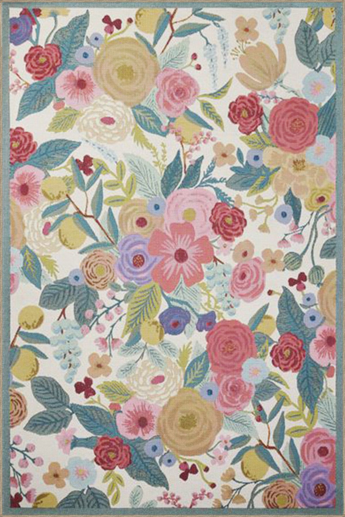 Krem Tonlu Karışık Renkli Çiçekli Modern Dekoratif Halı miravip264