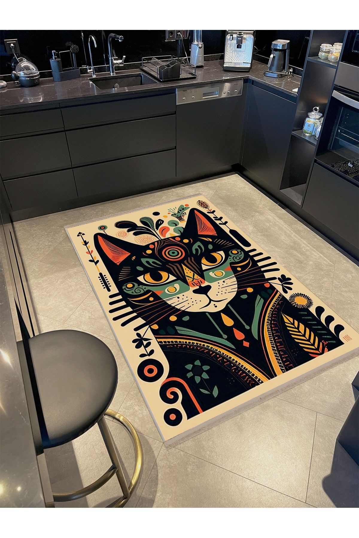 Aynur Koleksiyonu Bohem Tarz Renkli Desenler Detaylı Siyah Kedi Modern Dekoratif Halı aynur20