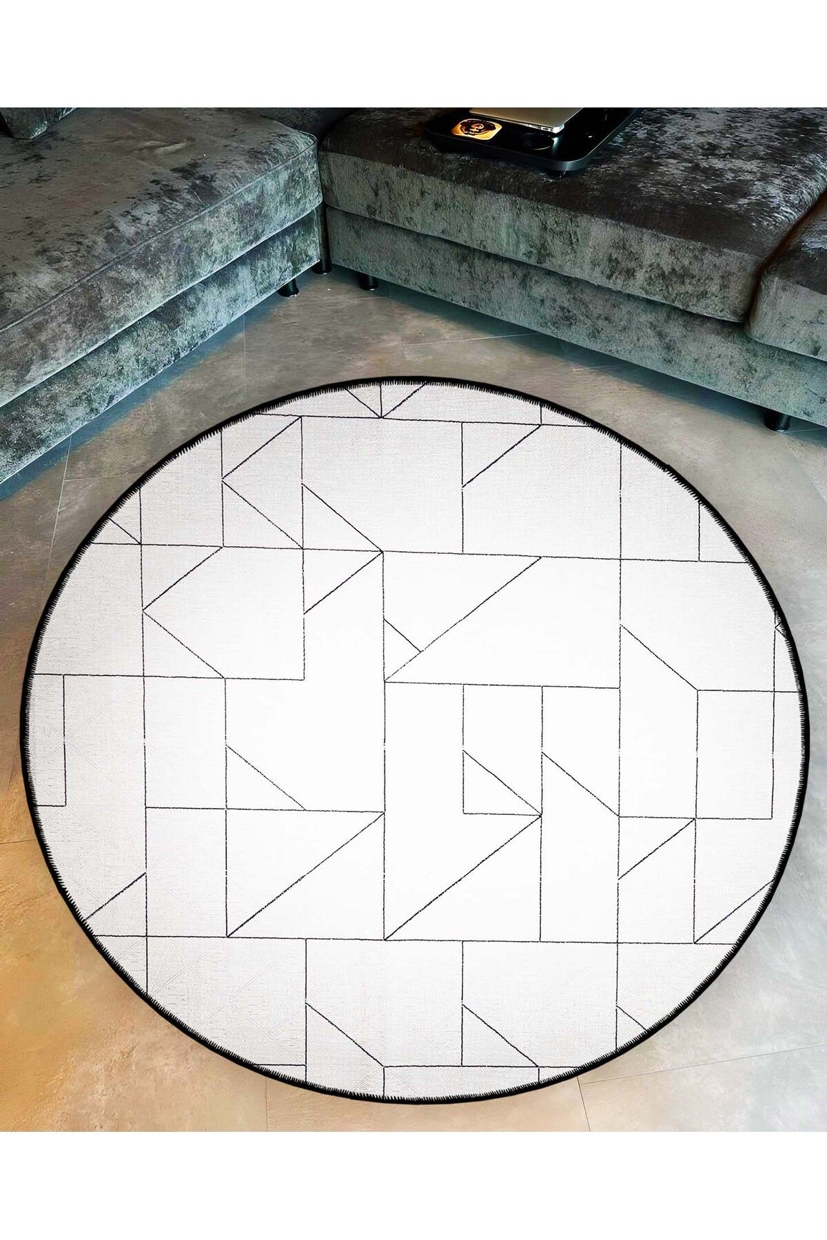 Mira Yuvarlak Beyaz Siyah Çizgi Şekil Detaylı DokumaTaban Modern Dekoratif Halı mirayuvarlak5833