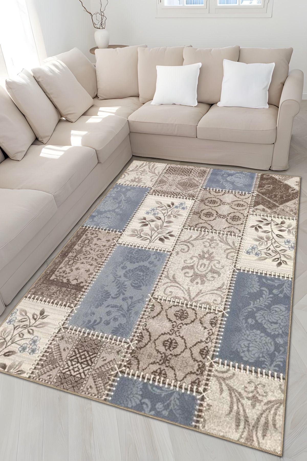 Floral Temalı Mavi Bej Ton Motifli Çiçek Desenli Vintage Dekoratif Halı 4838