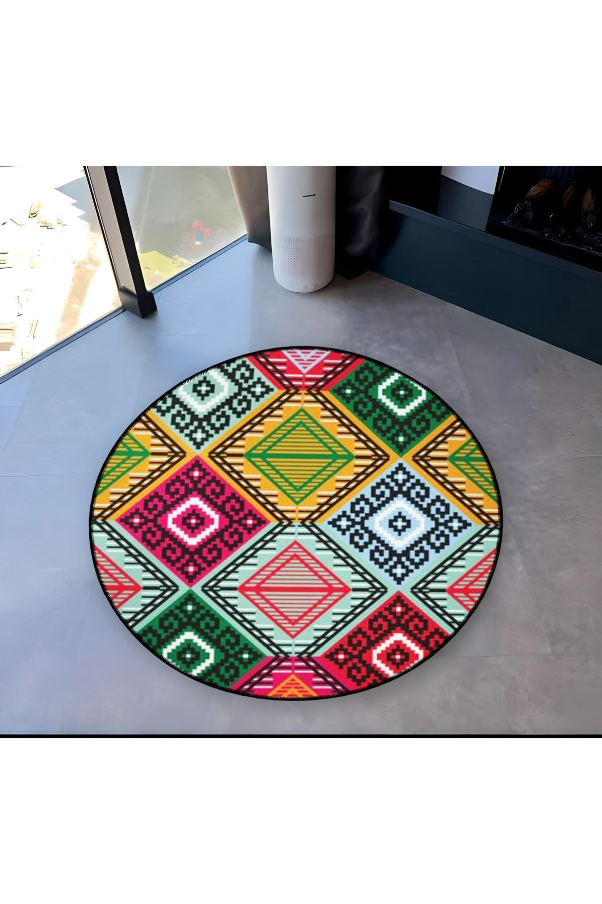 Mira Yuvarlak Çok Renkli Siyah Şekiller Detaylı Dokuma Taban Modern Dekoratif Halı 5618