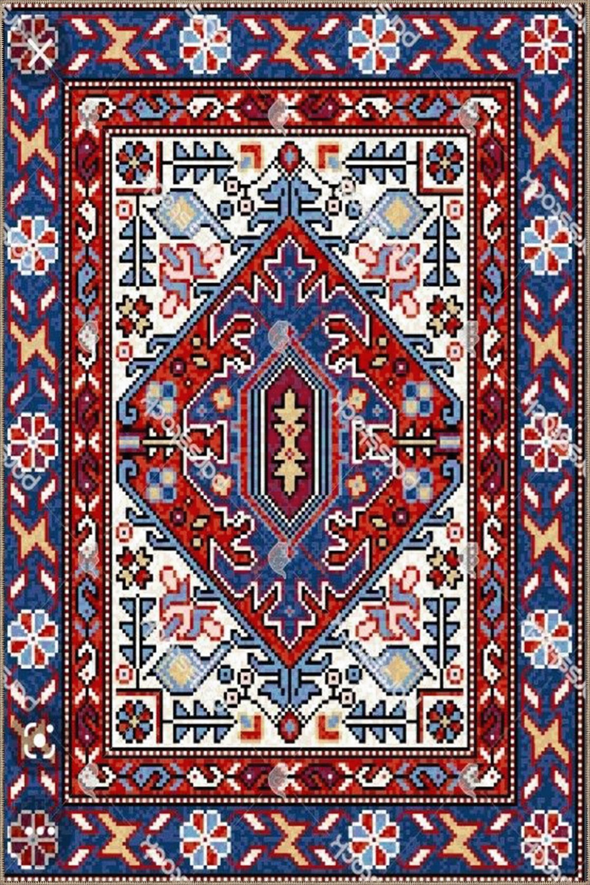 Mavi Bordo Temalı Geleneksel Motif Desenli Vintage Dekoratif Halı 3555