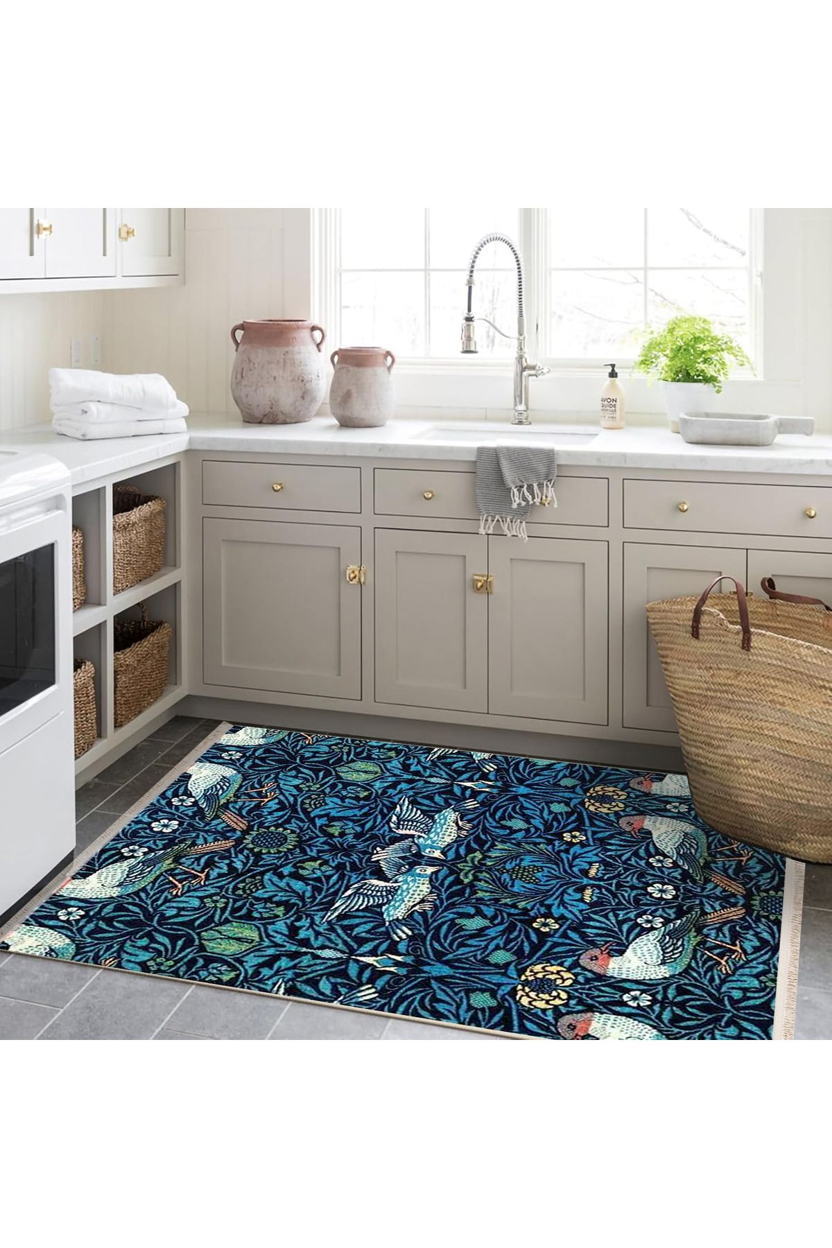 Özge Koleksiyonu Mavi Yeşil Doğa Temalı Kuşlar Detaylı Dokuma Taban Modern Dekoratif Halı özge05